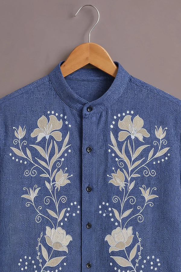 Premium Blue Floral Embroidered Mandarin Collar Shirt