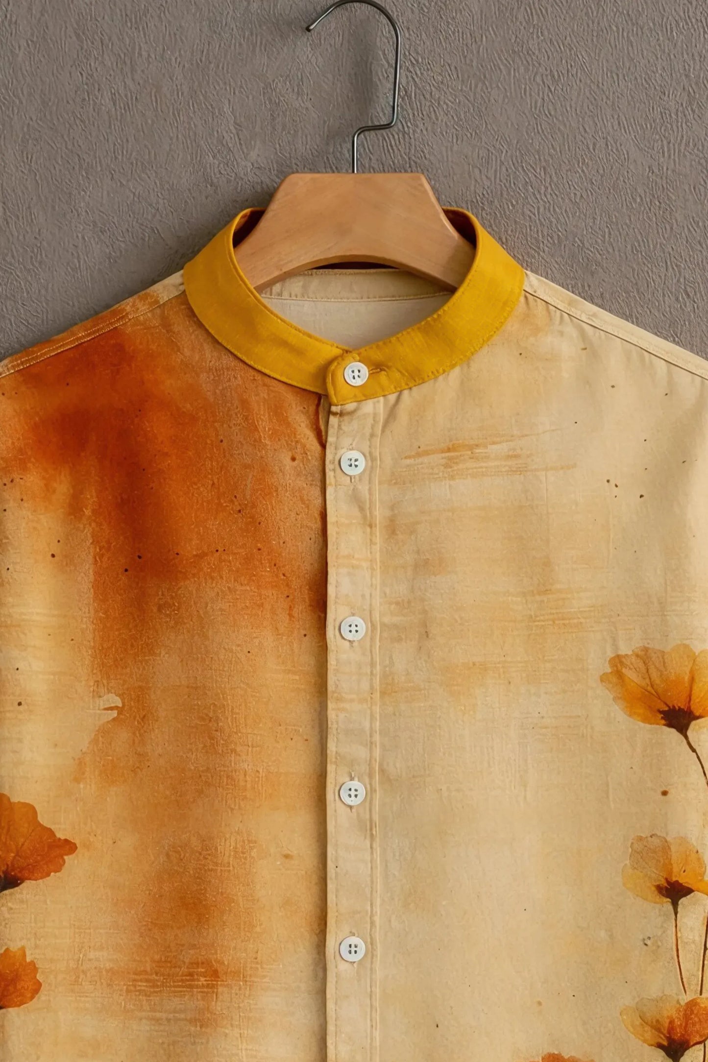 Premium Beige Orange Floral Print Mandarin Collar Shirt