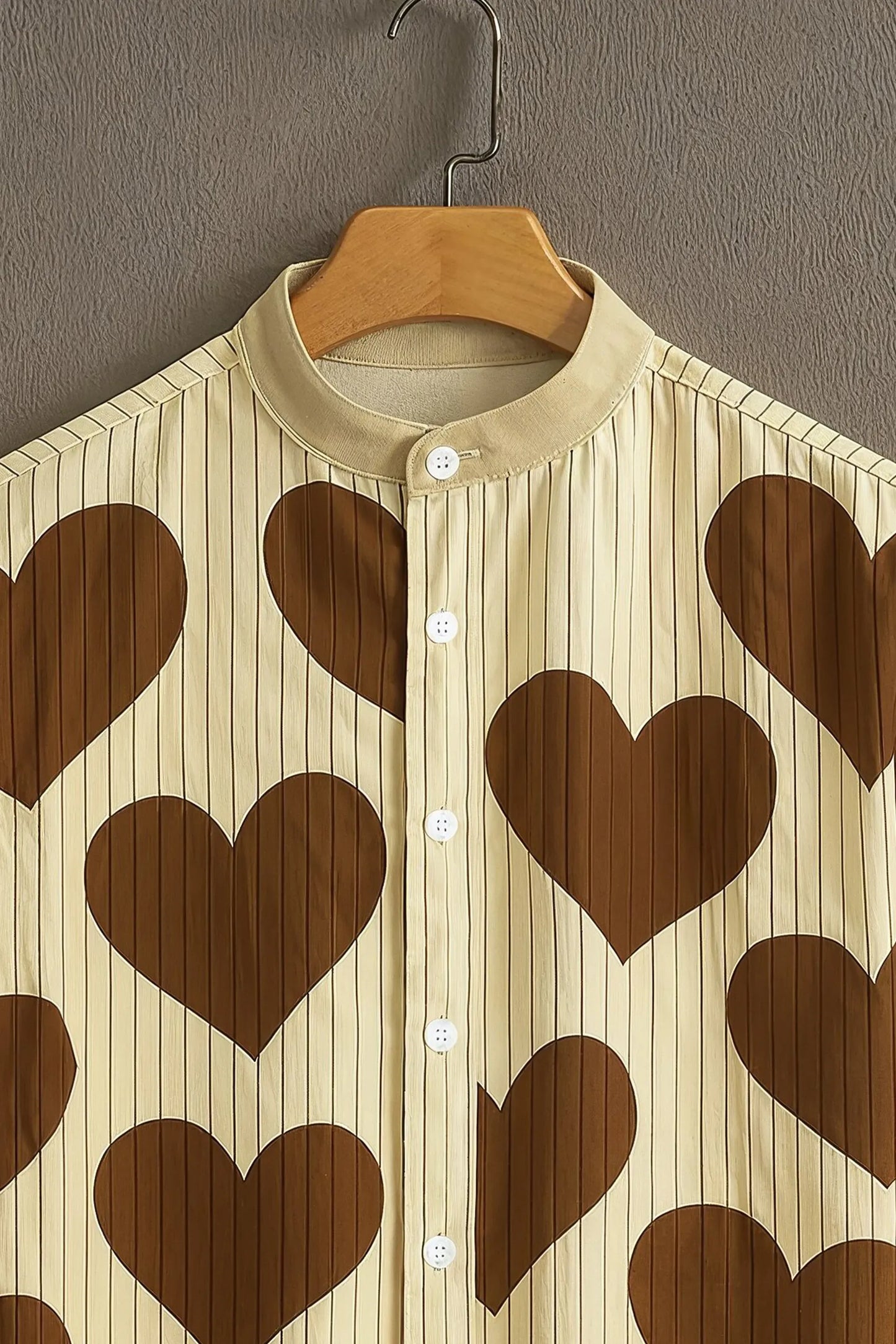 Cream Brown Heart Print Mandarin Collar Shirt