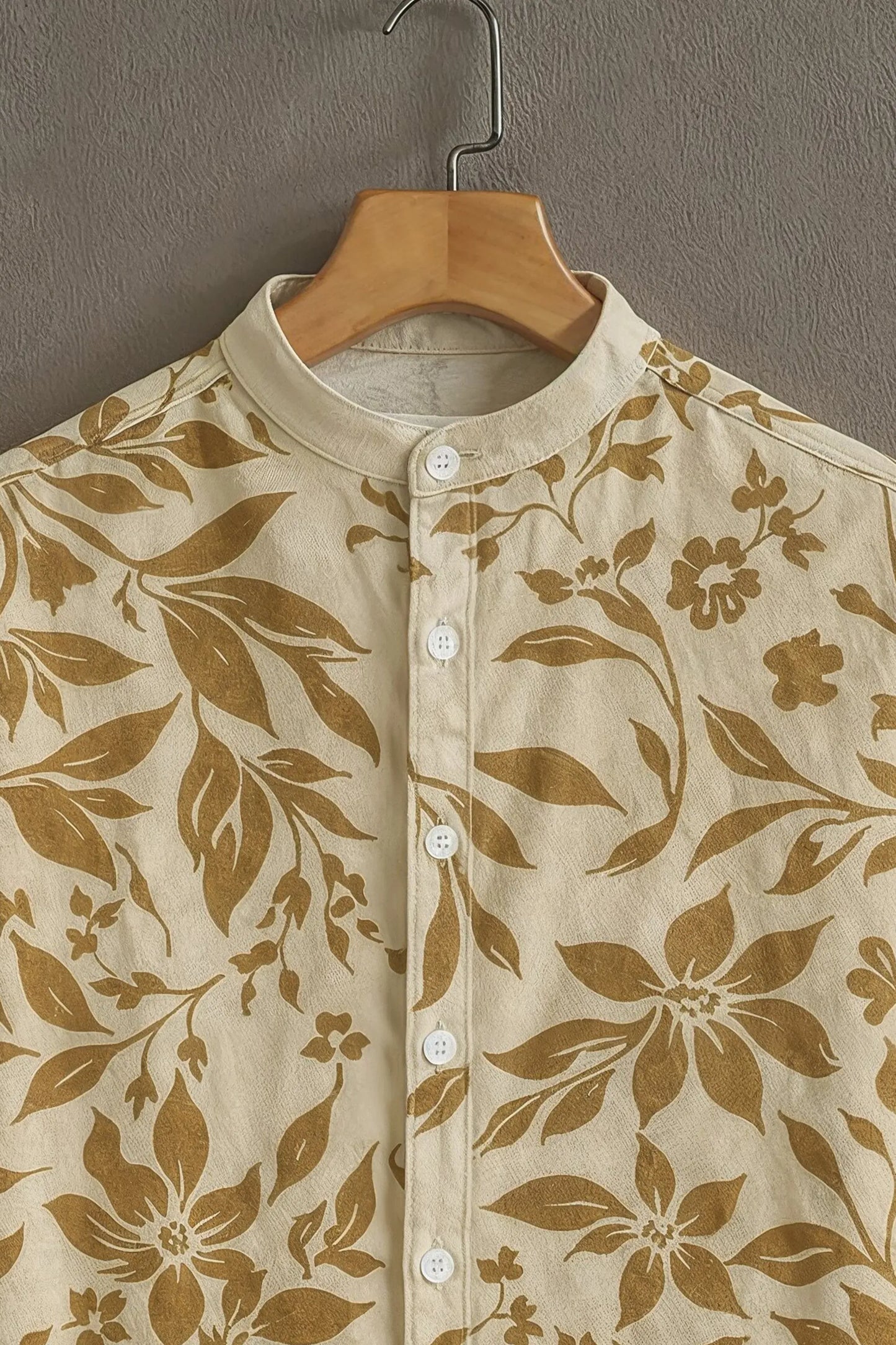 Premium Beige & Brown Floral Print Mandarin Collar Shirt