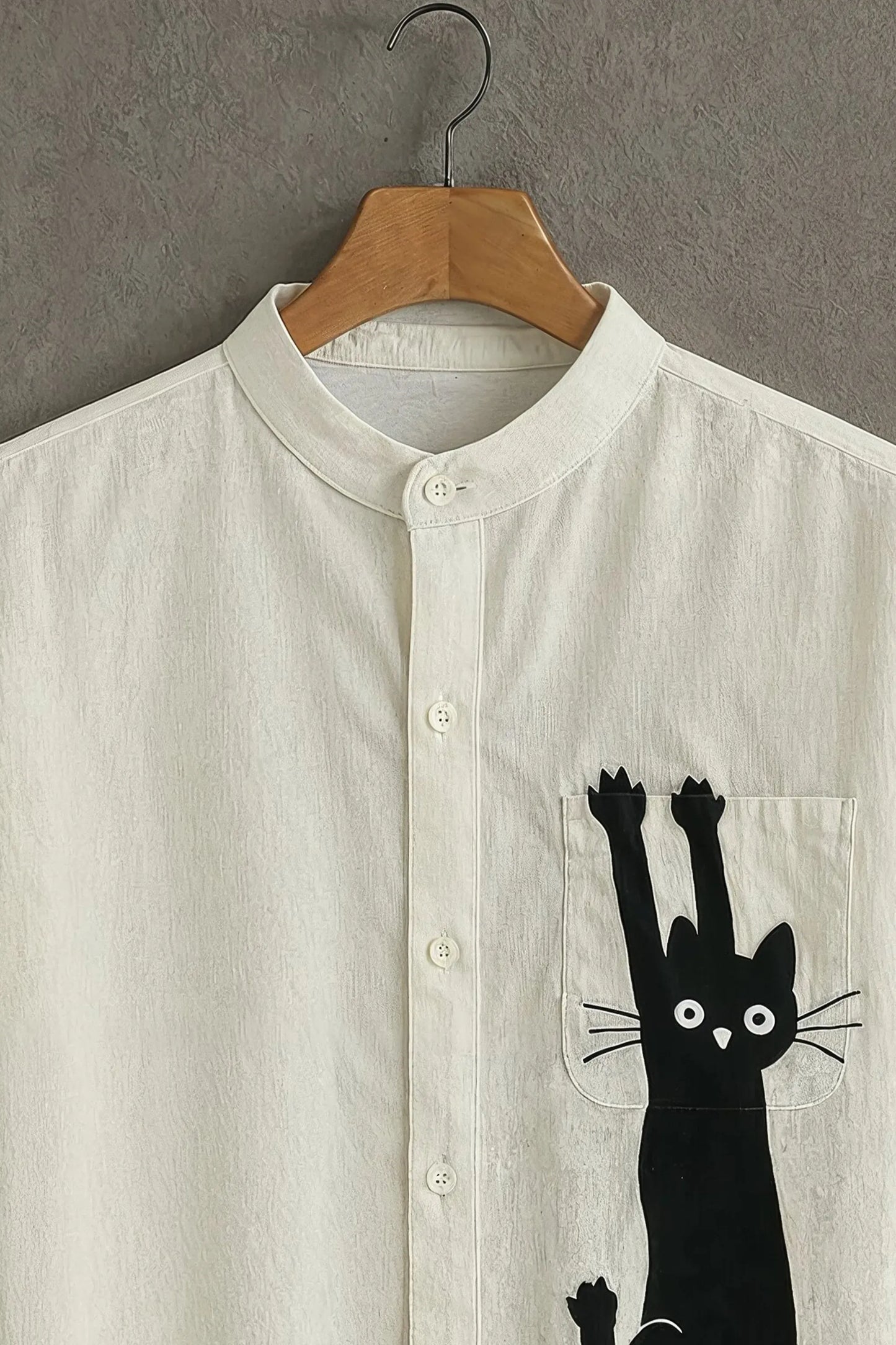 Premium Black Cat Graphic Mandarin Collar Shirt
