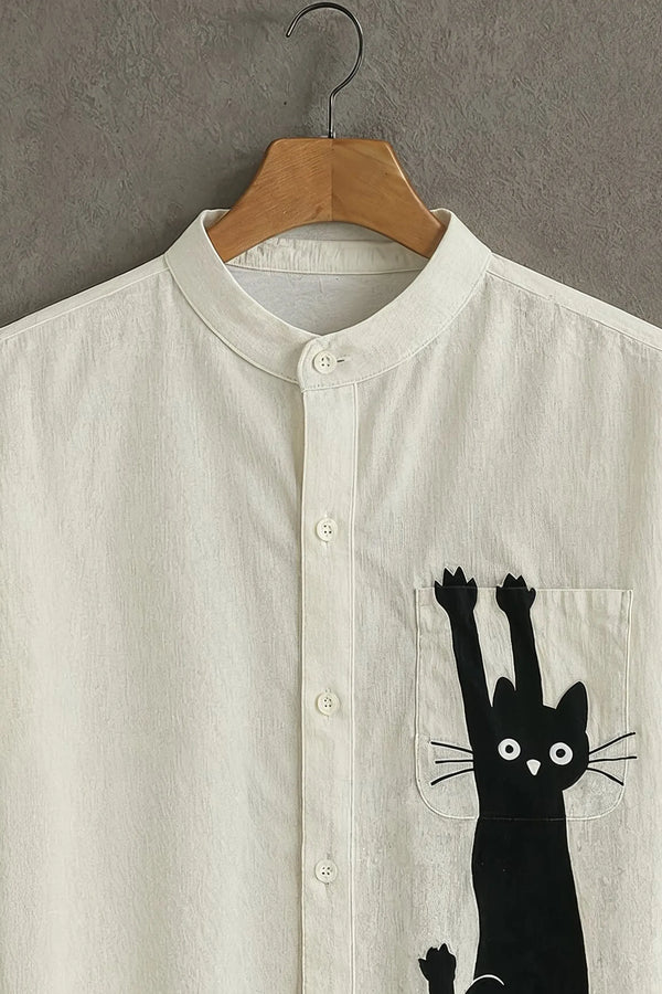 Premium Black Cat Graphic Mandarin Collar Shirt