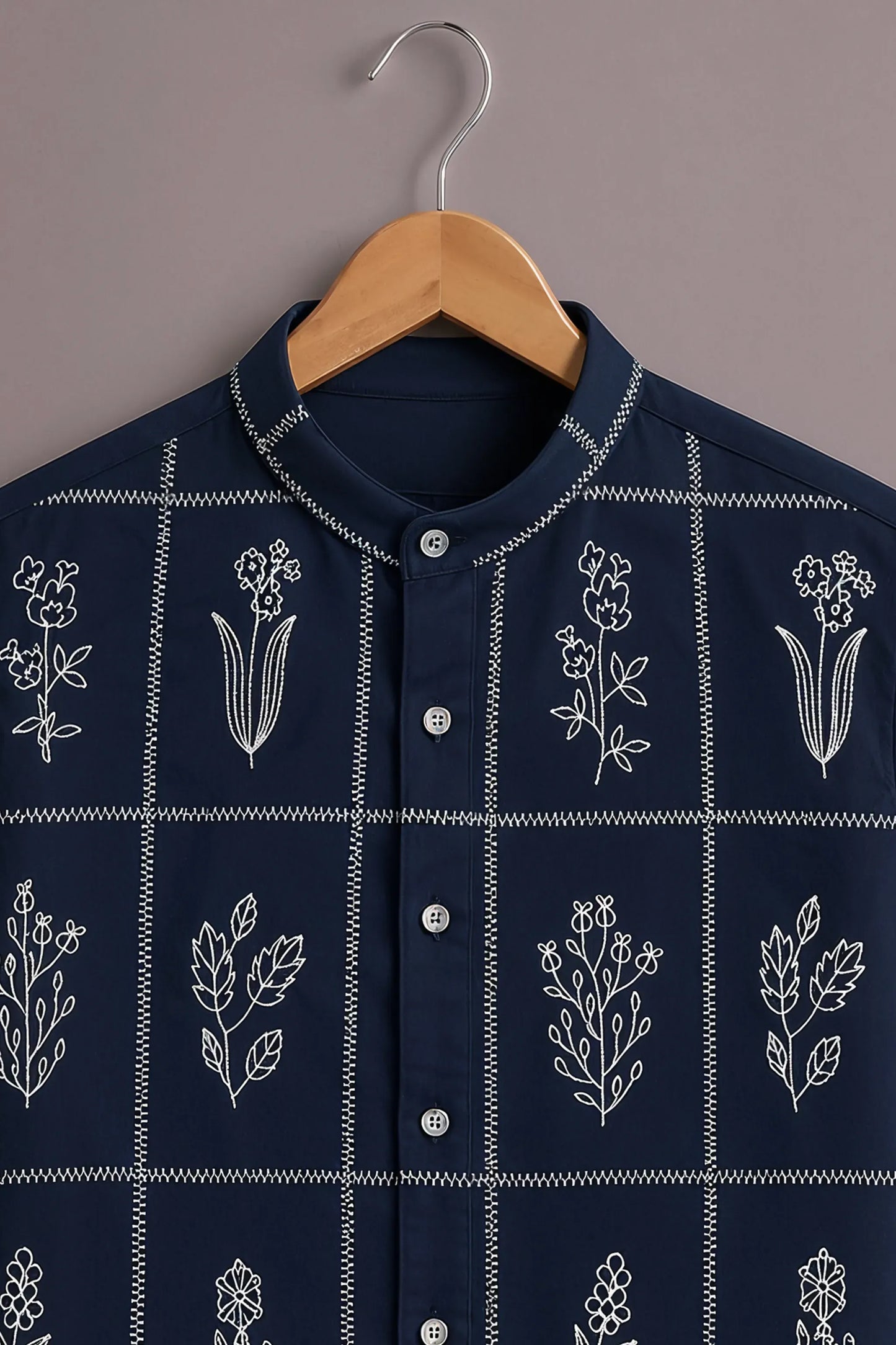 Premium Navy Blue Floral Grid Mandarin Collar Shirt