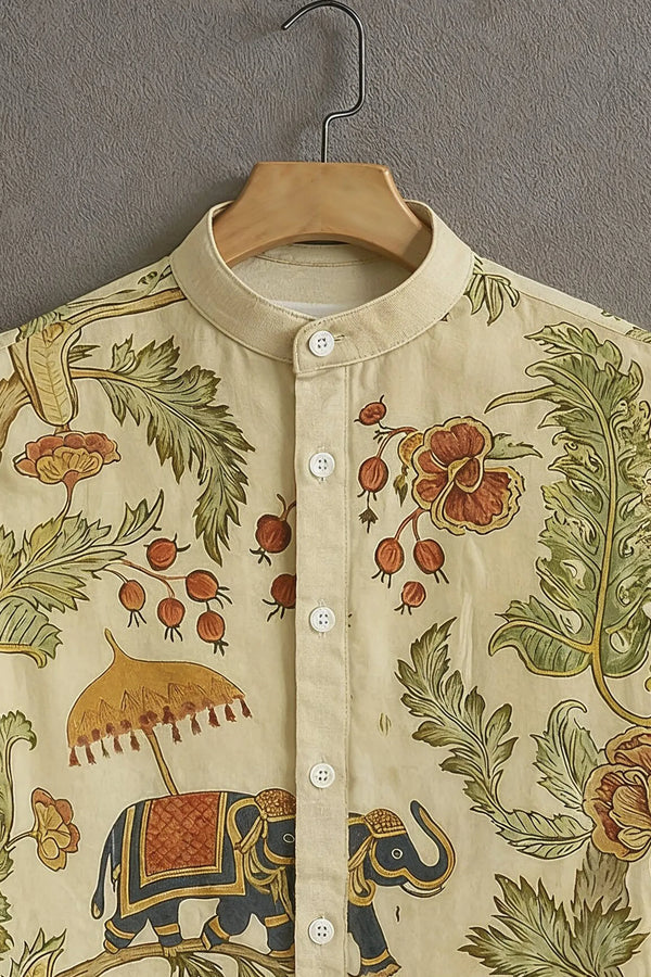 Premium Floral Elephant Print Mandarin Collar Shirt