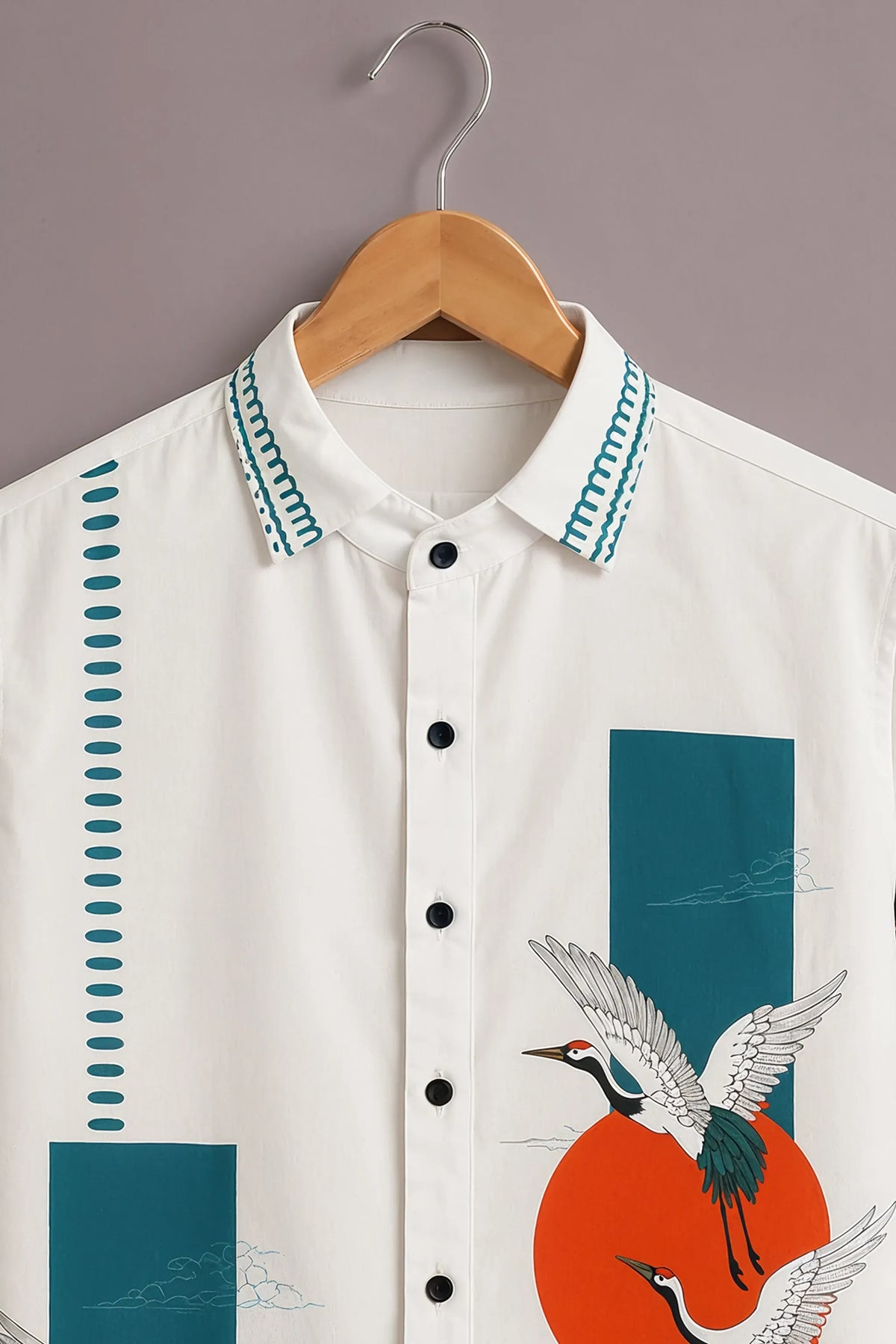 Premium White Crane & Geometric Print Shirt