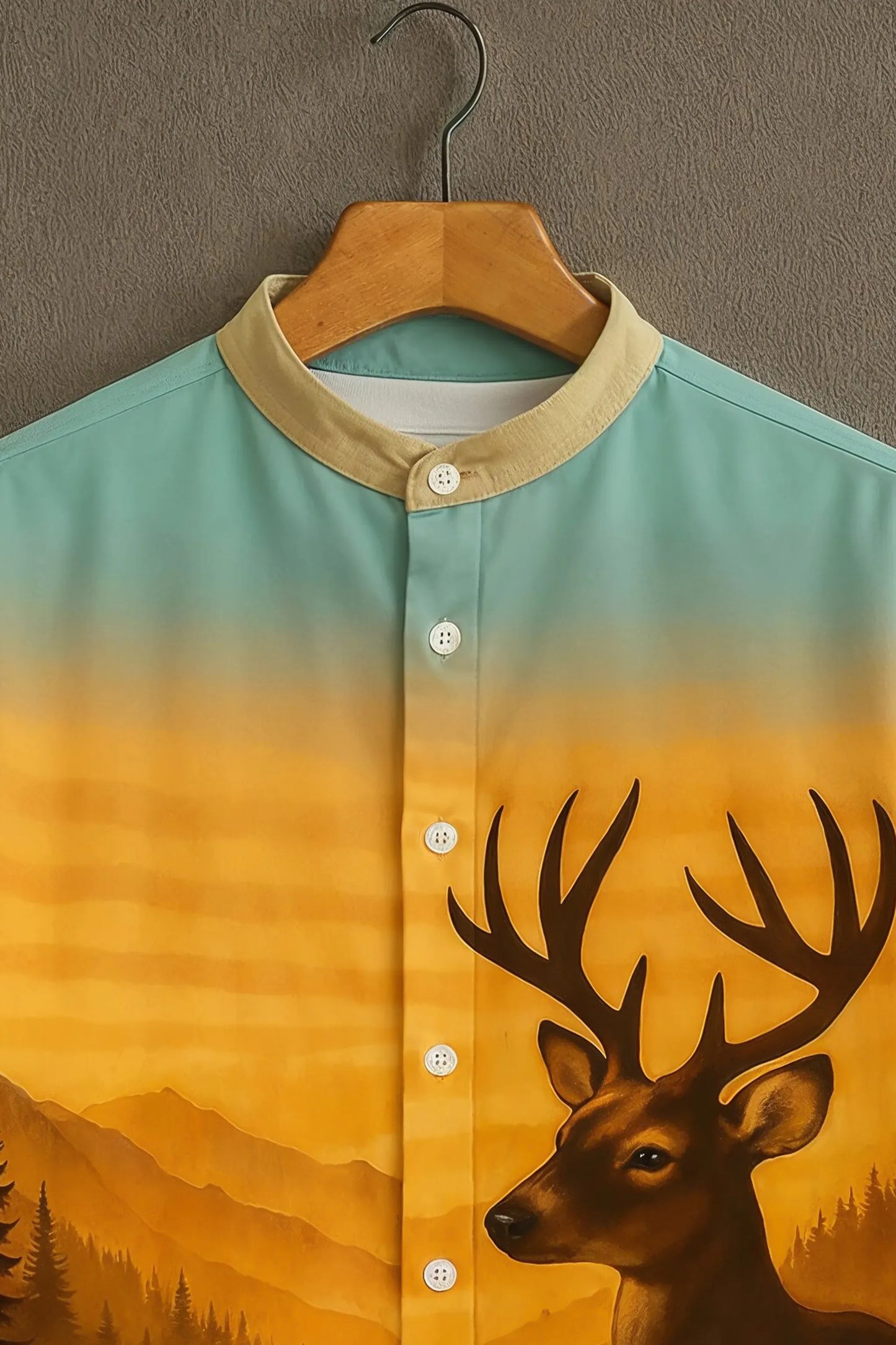 Premium Sunset Deer Forest Print Mandarin Collar Shirt