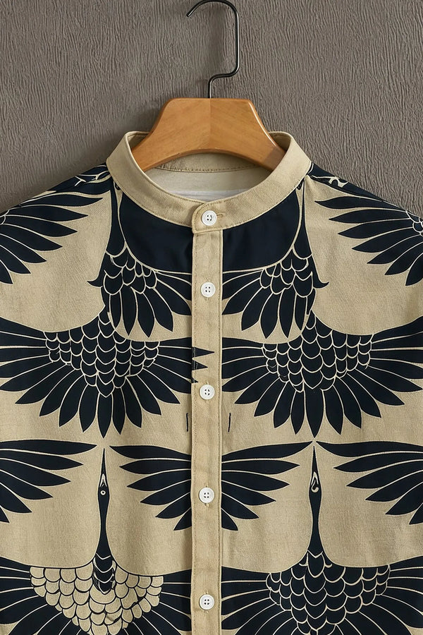 Premium Navy Beige Eagle Print Mandarin Collar Shirt