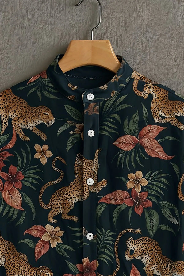 Premium Tropical Leopard Floral Mandarin Collar Shirt