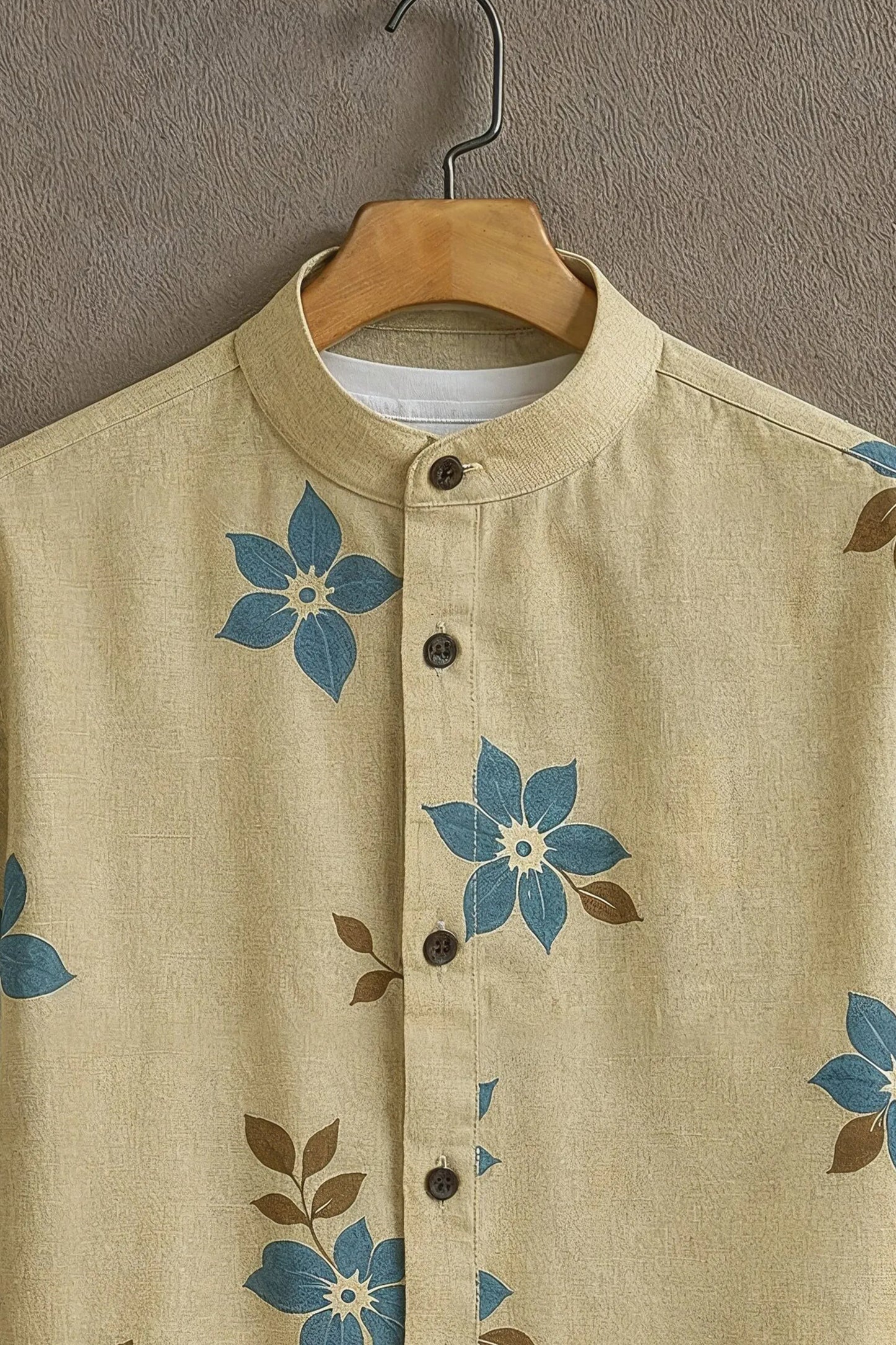 Premium Beige Blue Floral Print Mandarin Collar Shirt