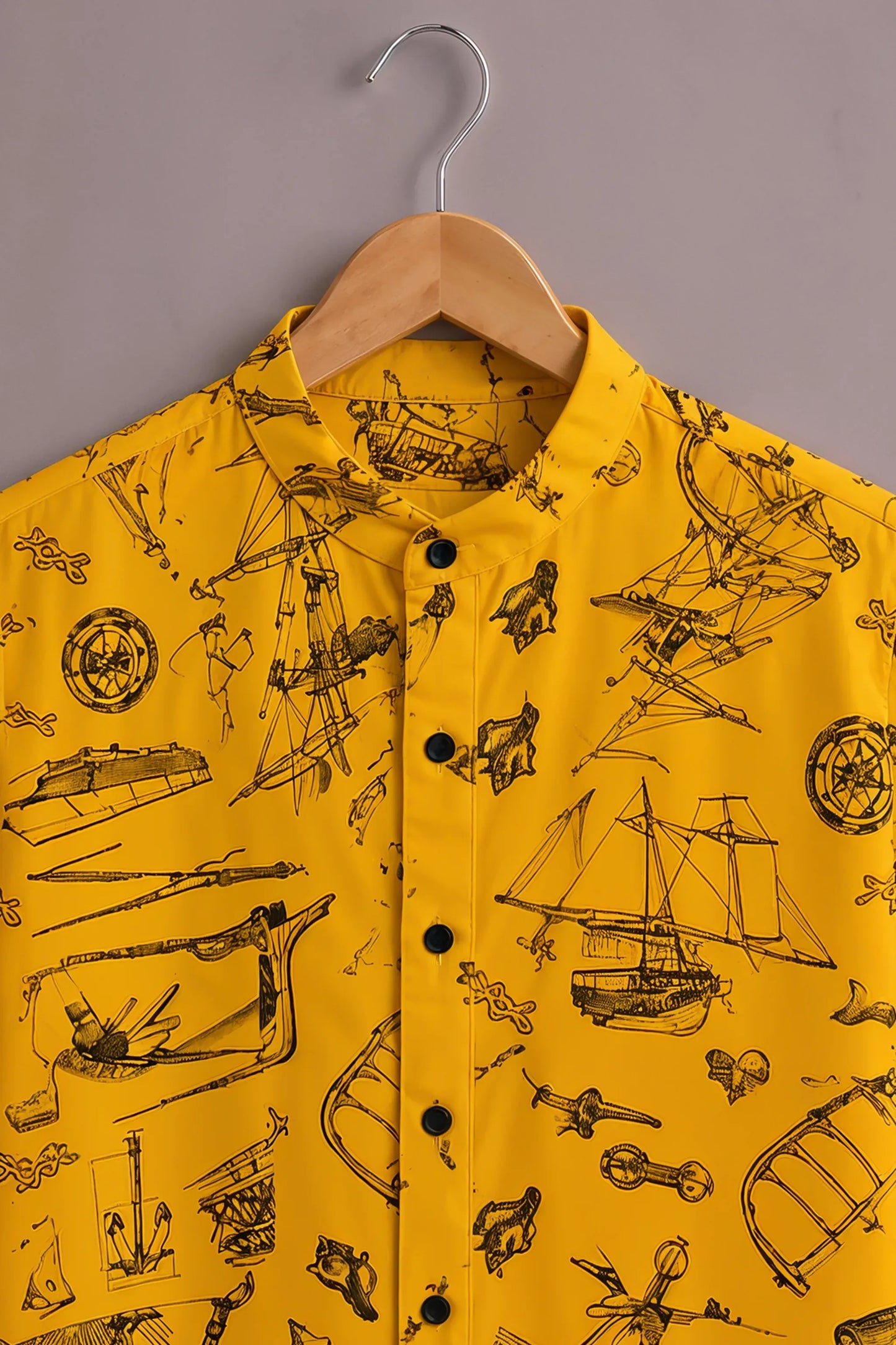 Premium Yellow Vintage Nautical Print Mandarin Collar Shirt