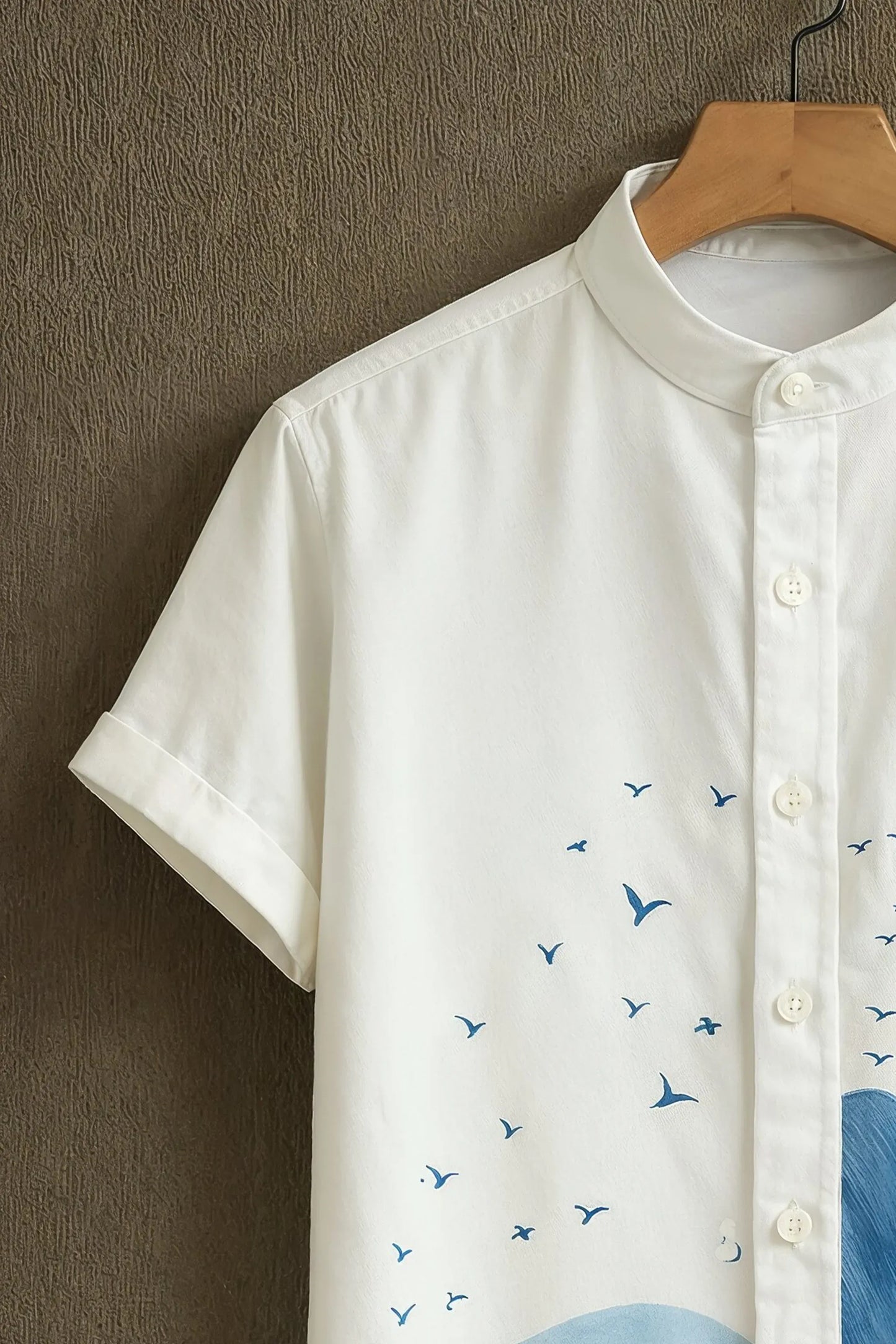Premium Blue Feather & Ocean Wave Mandarin Collar Shirt