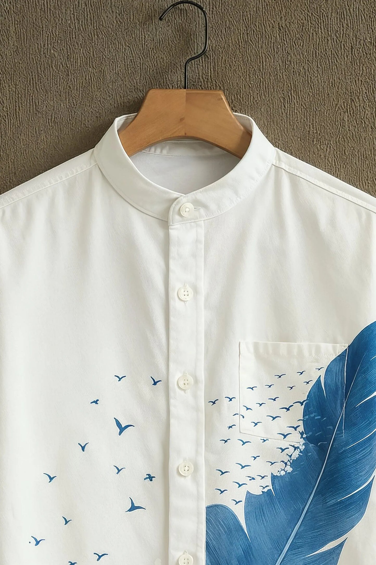 Premium Blue Feather & Ocean Wave Mandarin Collar Shirt