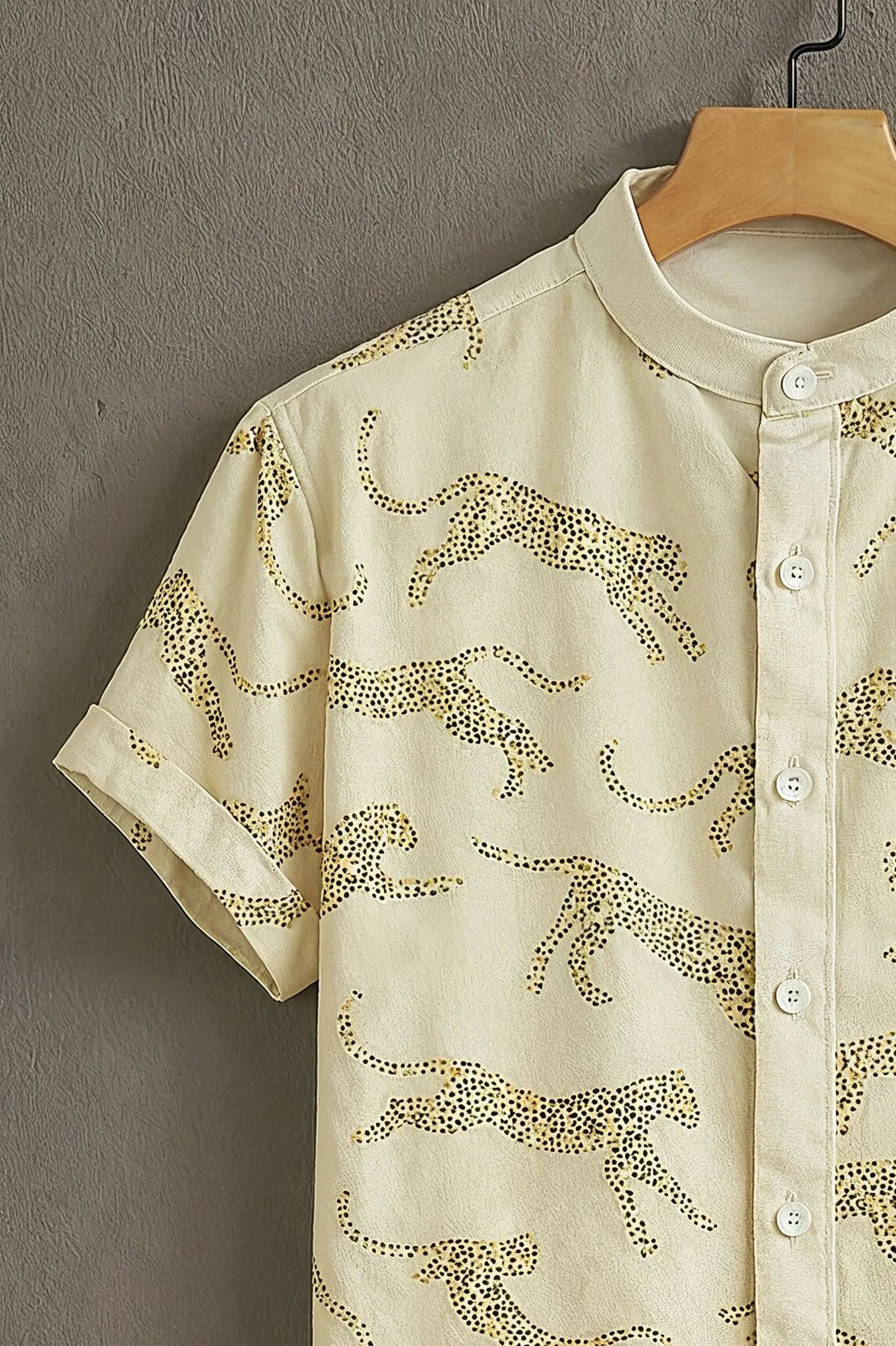 Cream Leopard Print Mandarin Collar Shirt