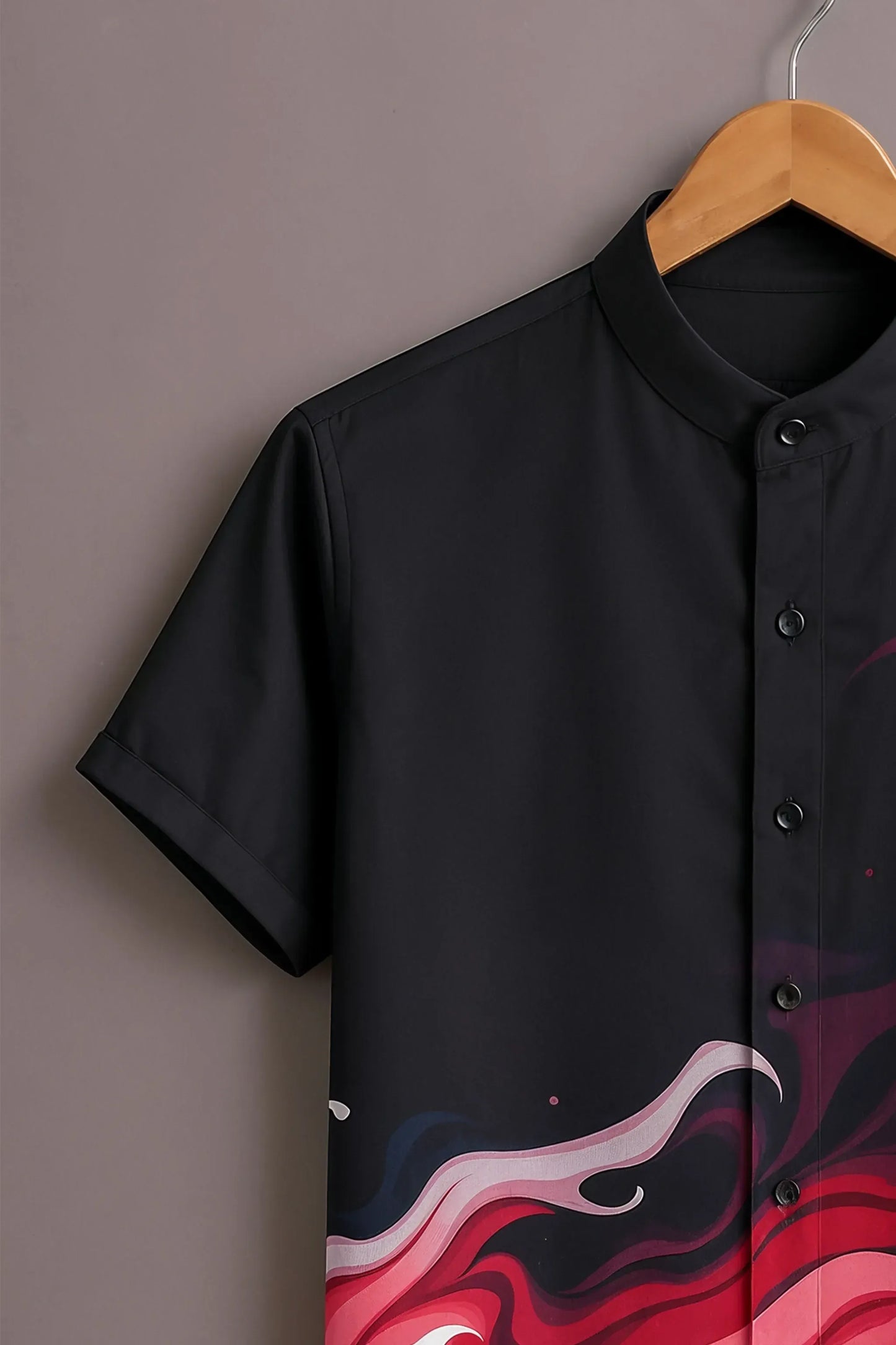 Premium Black Red Abstract Wave Mandarin Collar Shirt