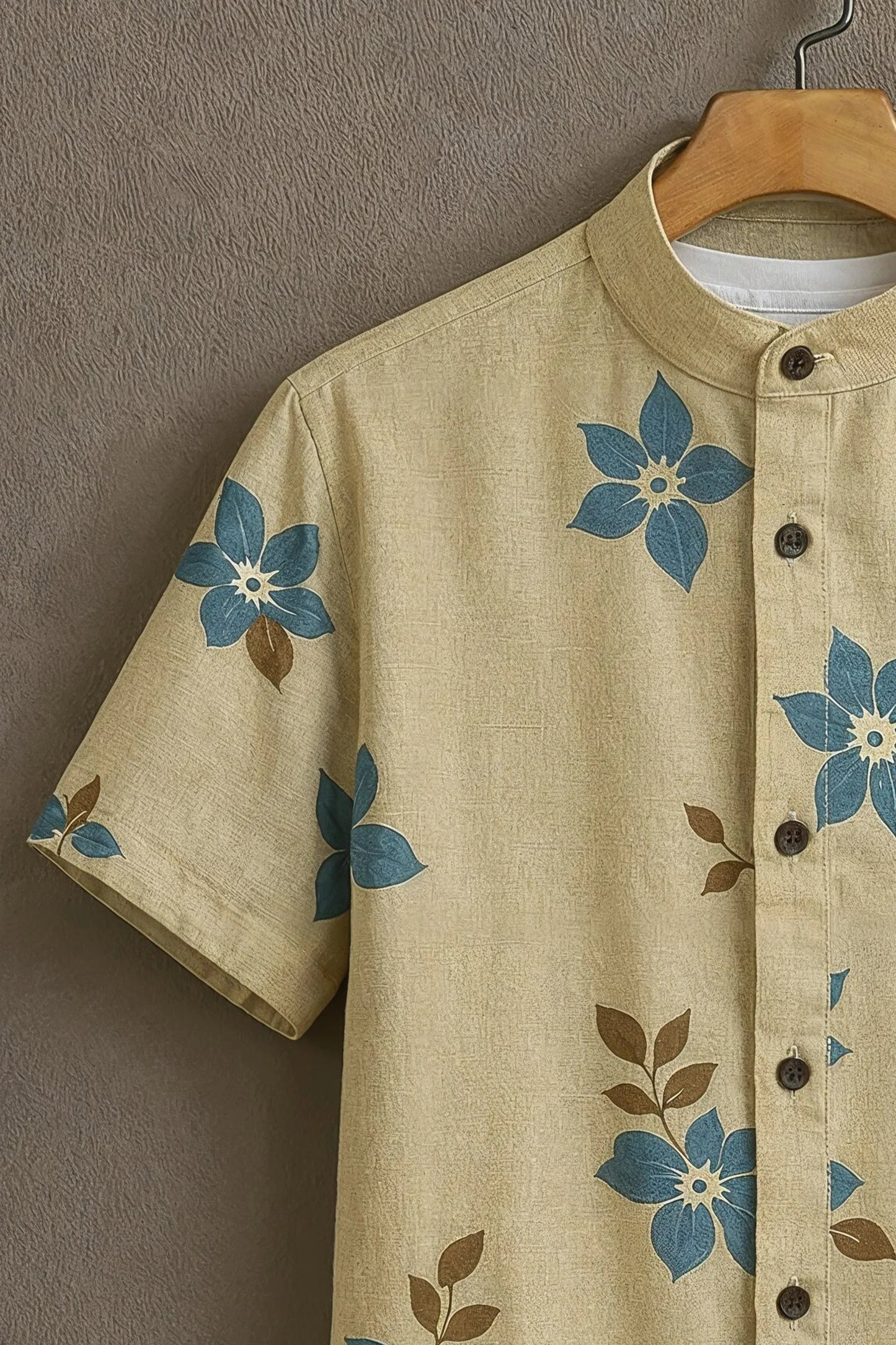 Premium Beige Blue Floral Print Mandarin Collar Shirt