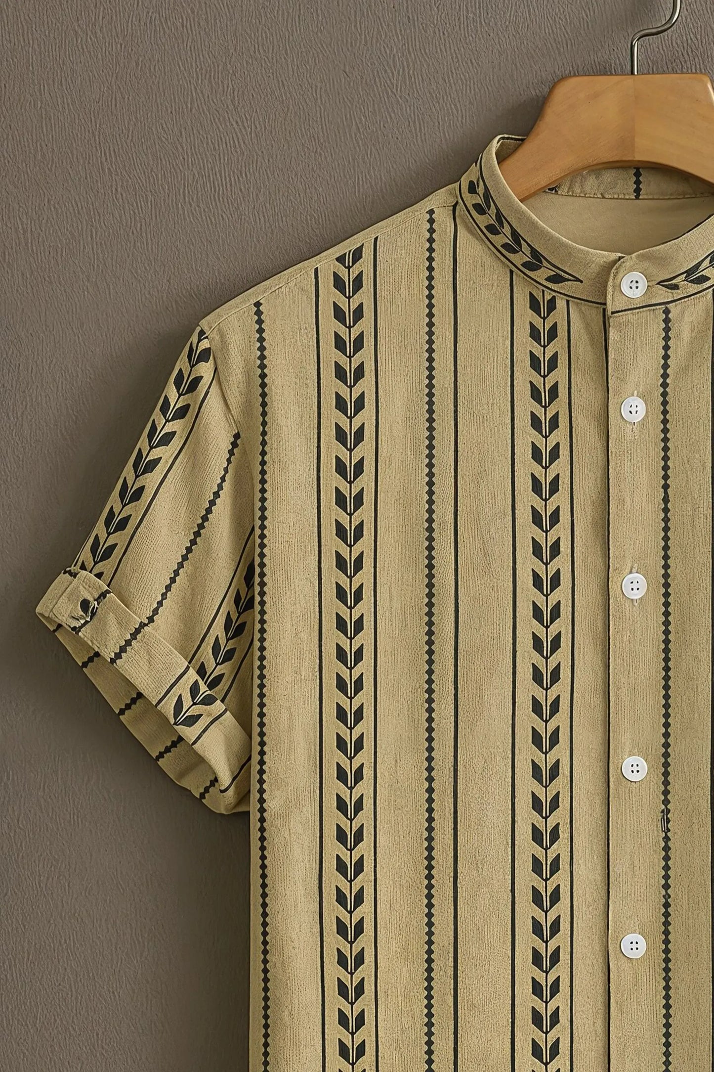 Premium Beige Black Leaf Stripe Mandarin Collar Shirt