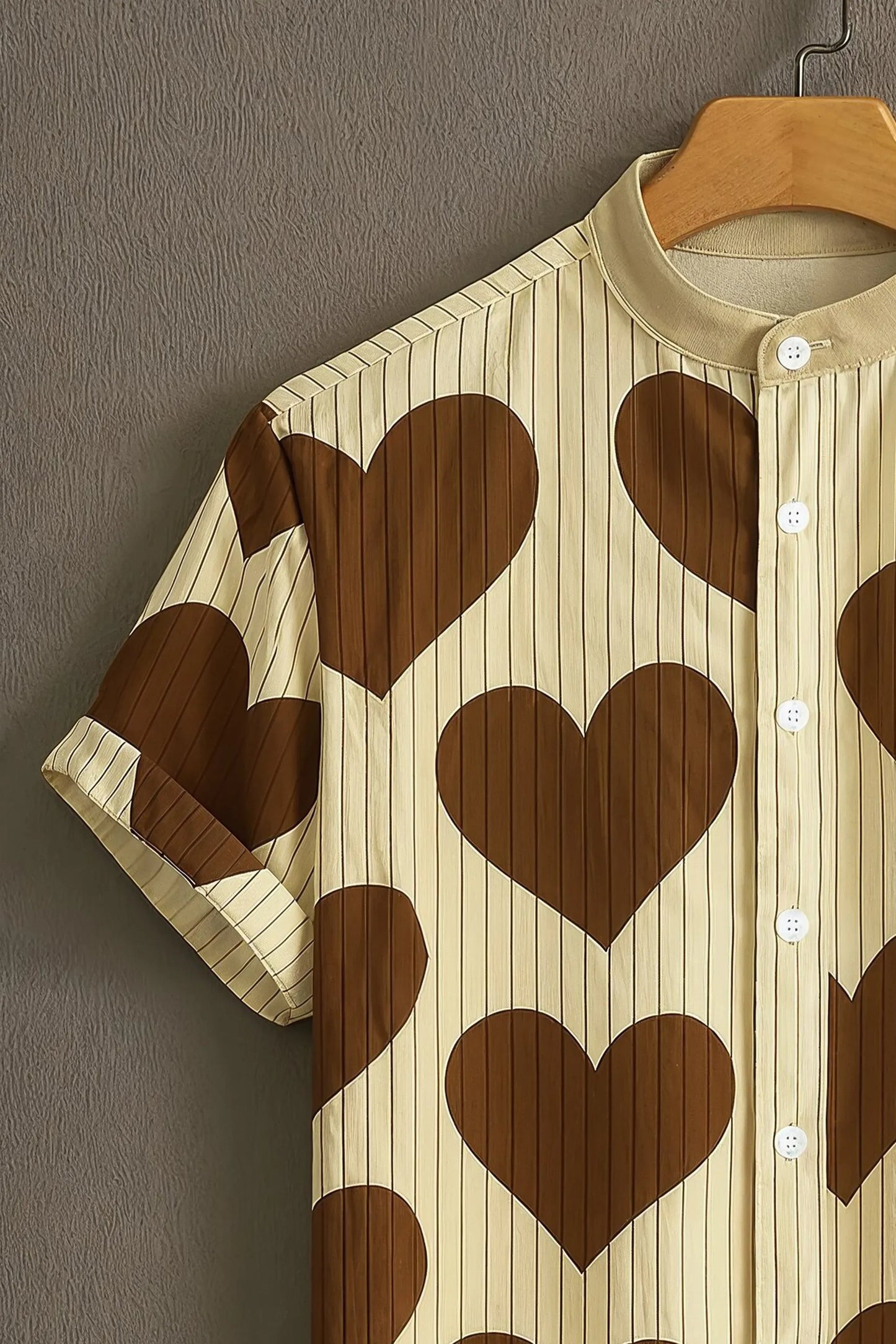 Cream Brown Heart Print Mandarin Collar Shirt