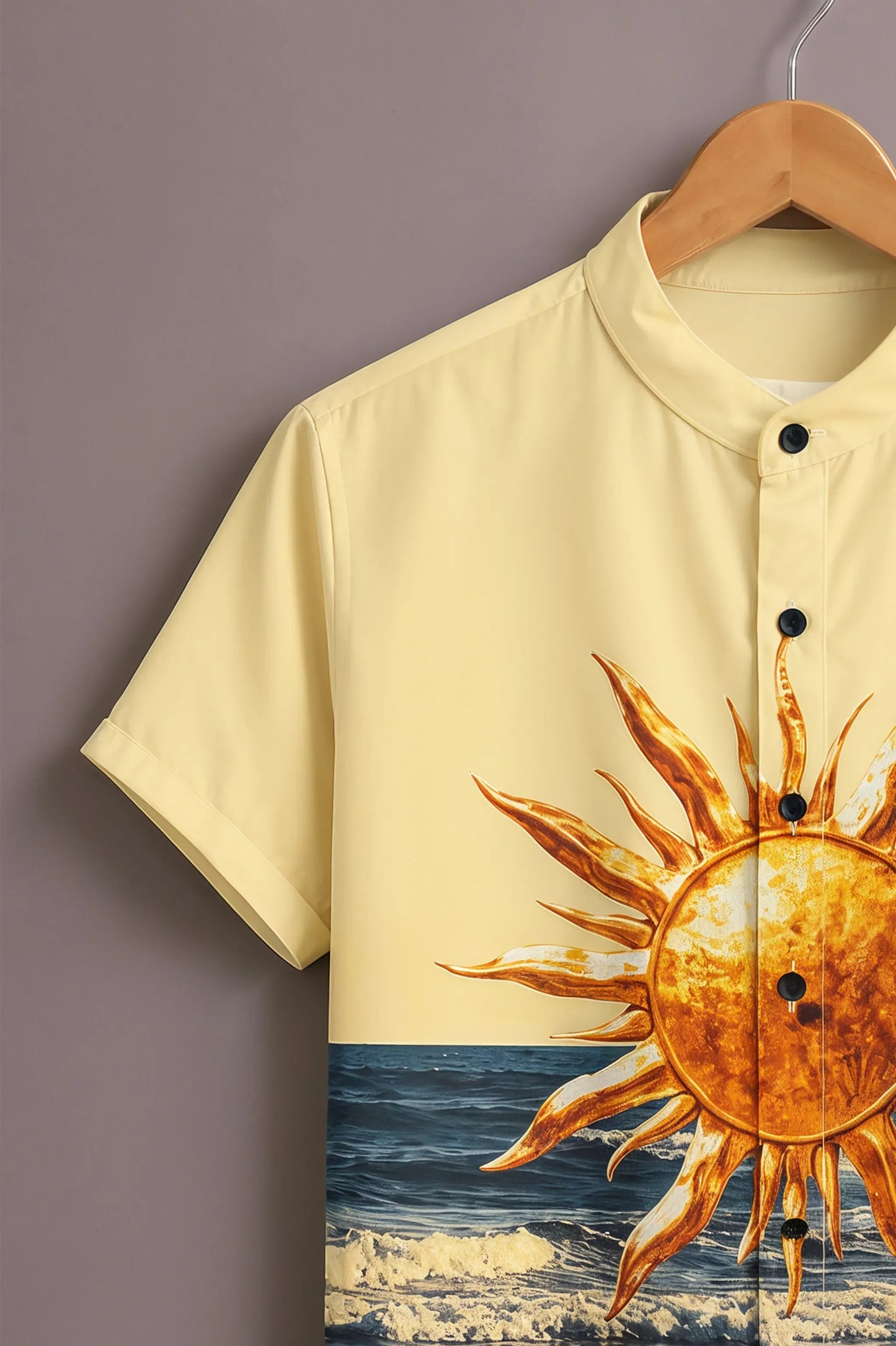 Premium Yellow Sun & Ocean Print Mandarin Collar Shirt