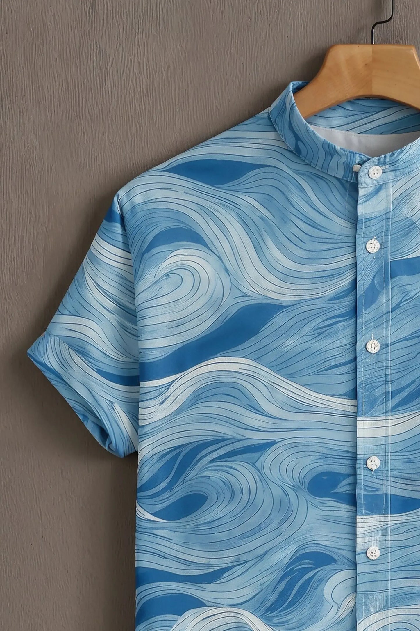Premium Blue Abstract Wave Print Mandarin Collar Shirt