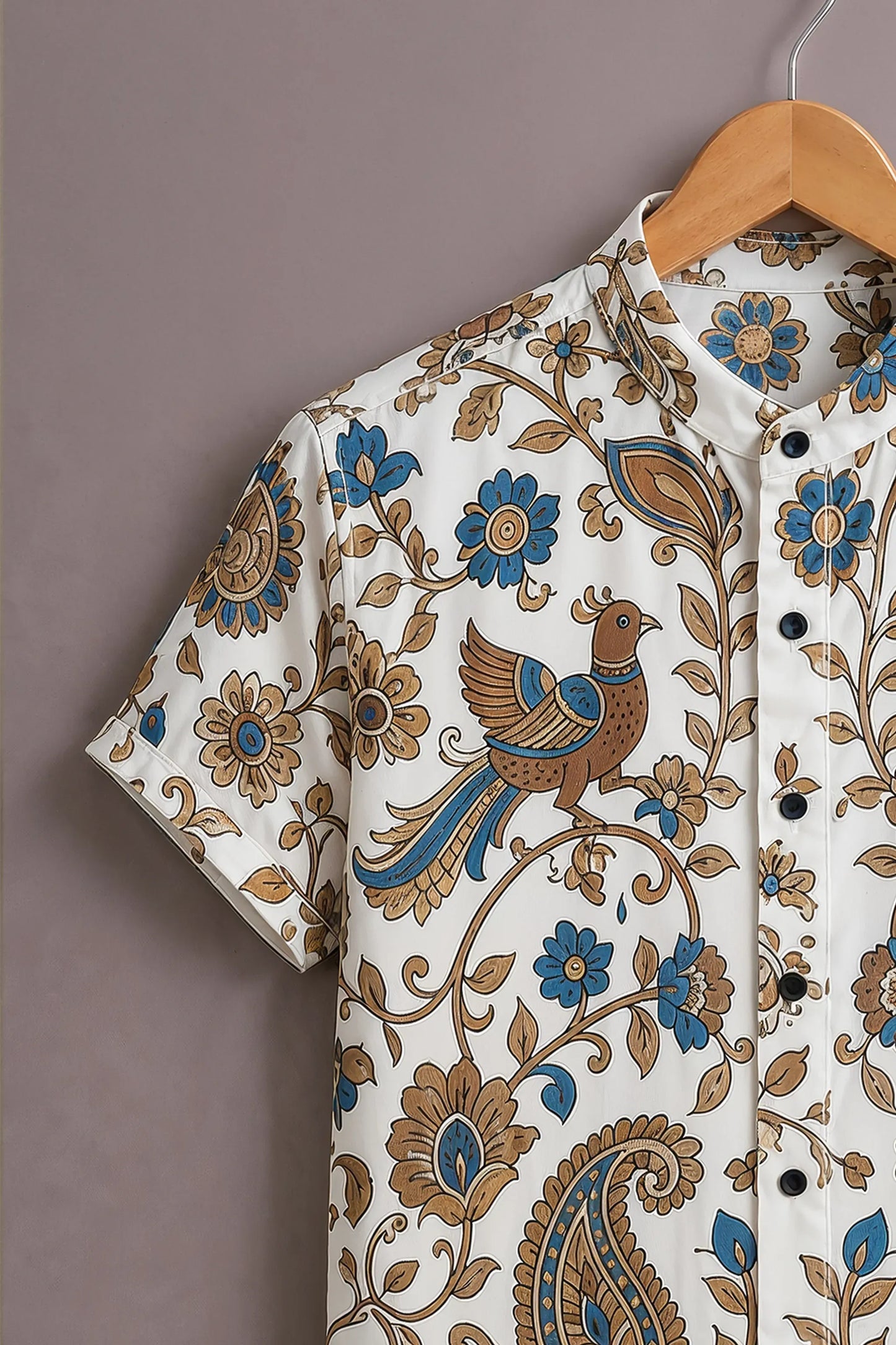 Premium White Blue Floral Peacock Print Mandarin Collar Shirt