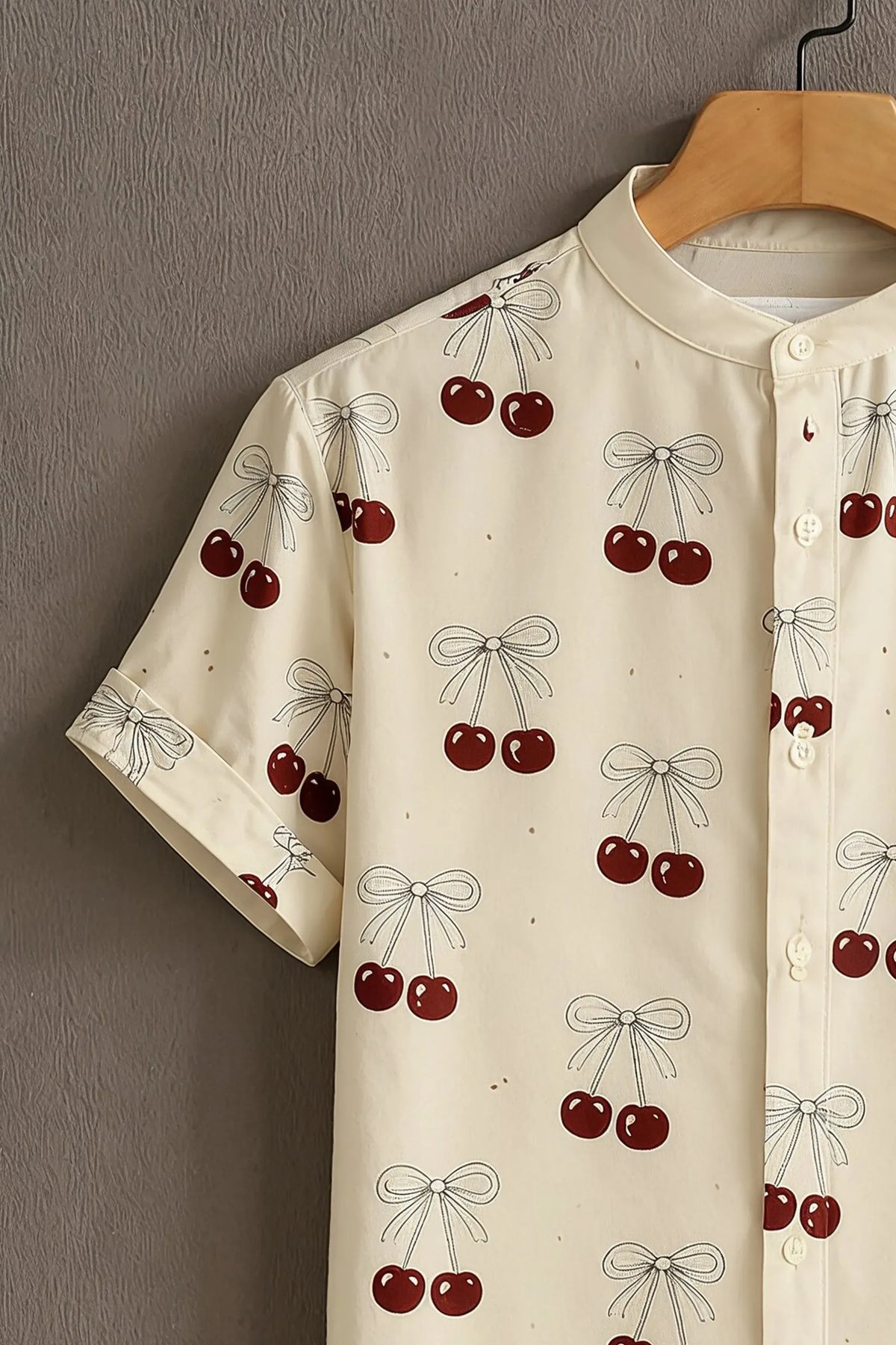 Cream Cherry Bow Print Mandarin Collar Shirt