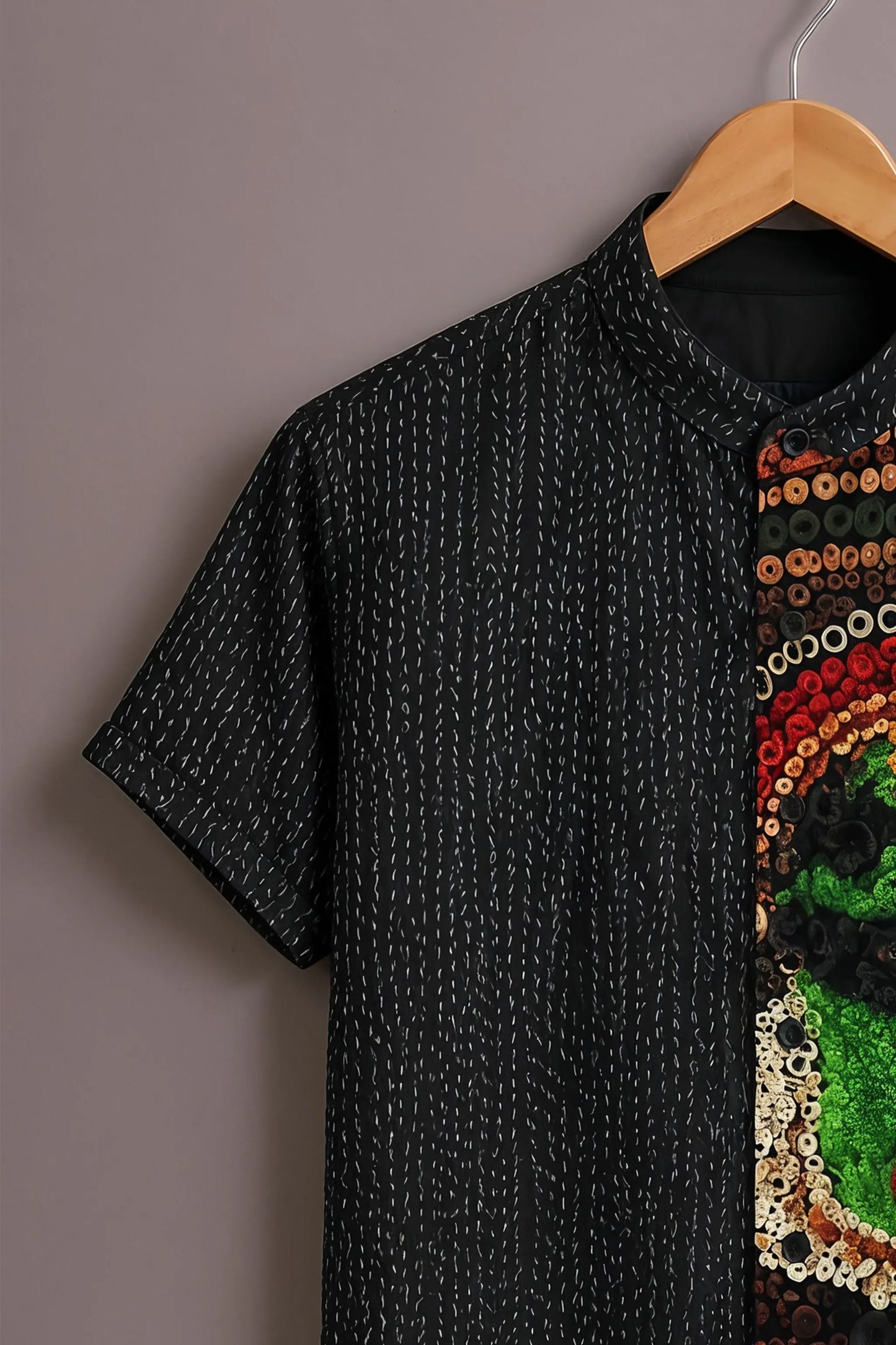 Premium Black Abstract Face Print Mandarin Collar Shirt