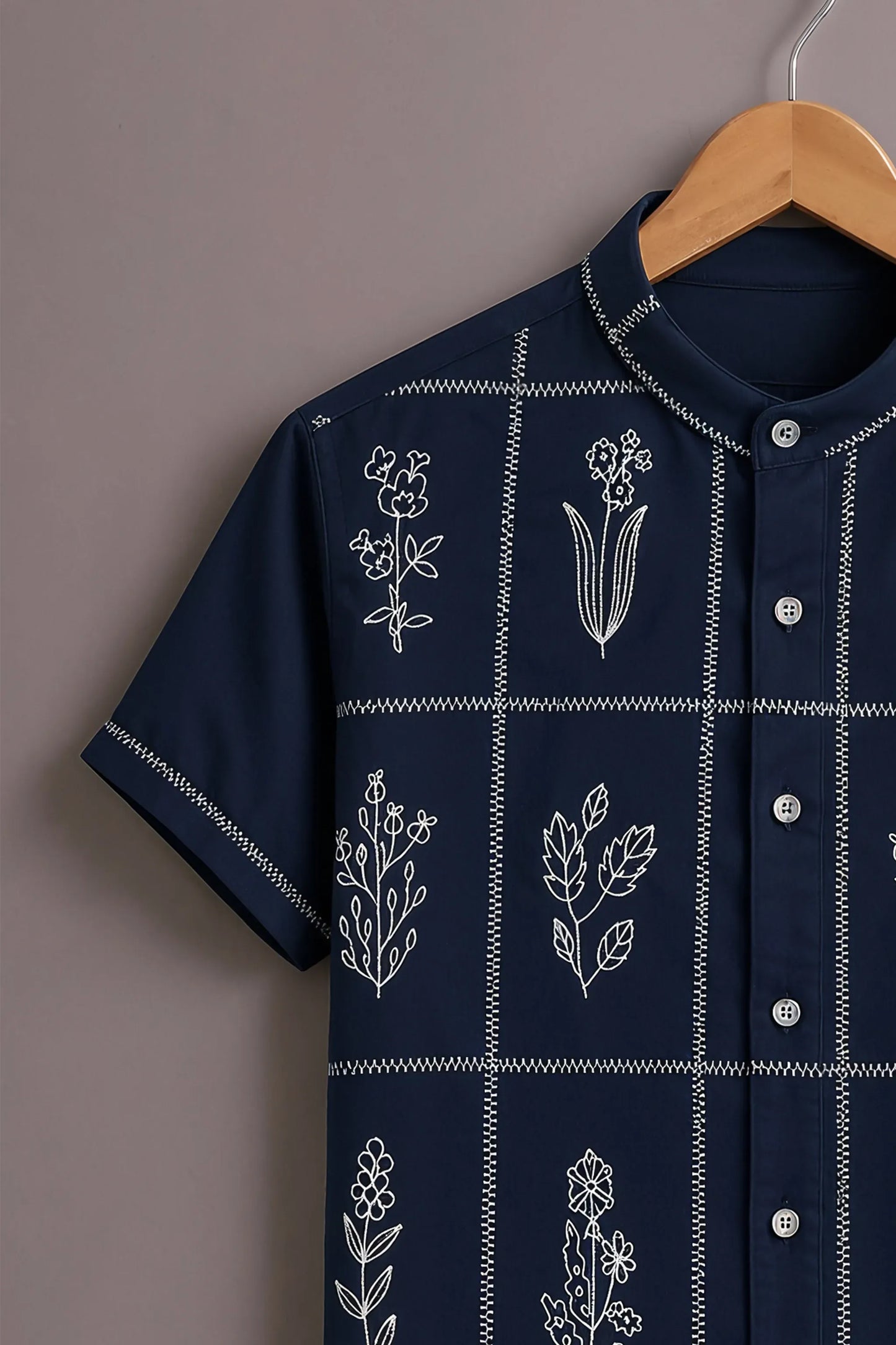 Premium Navy Blue Floral Grid Mandarin Collar Shirt