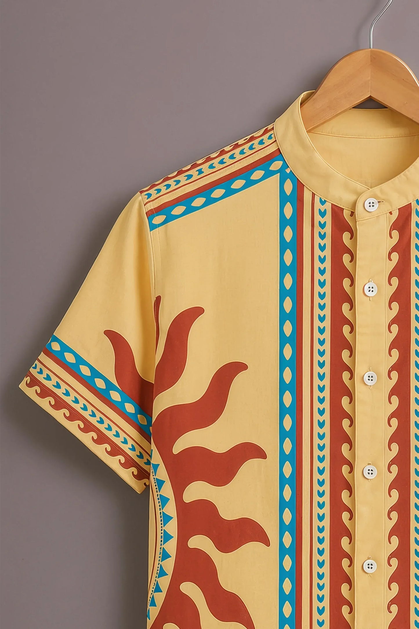 Premium Yellow Ethnic Print Mandarin Collar Shirt