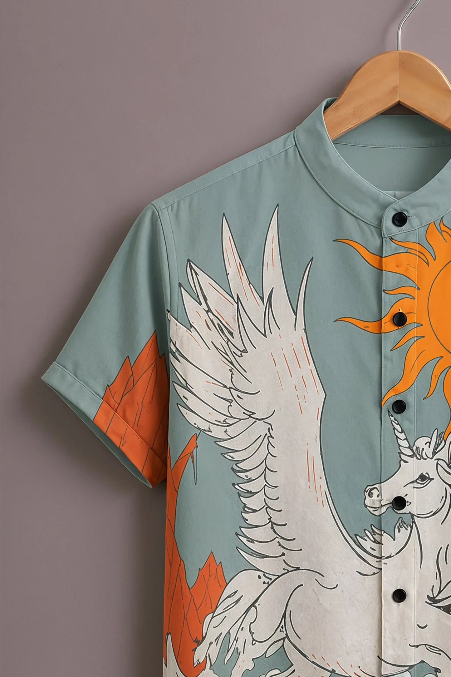 Premium Sage Blue Pegasus & Sun Print Mandarin Collar Shirt