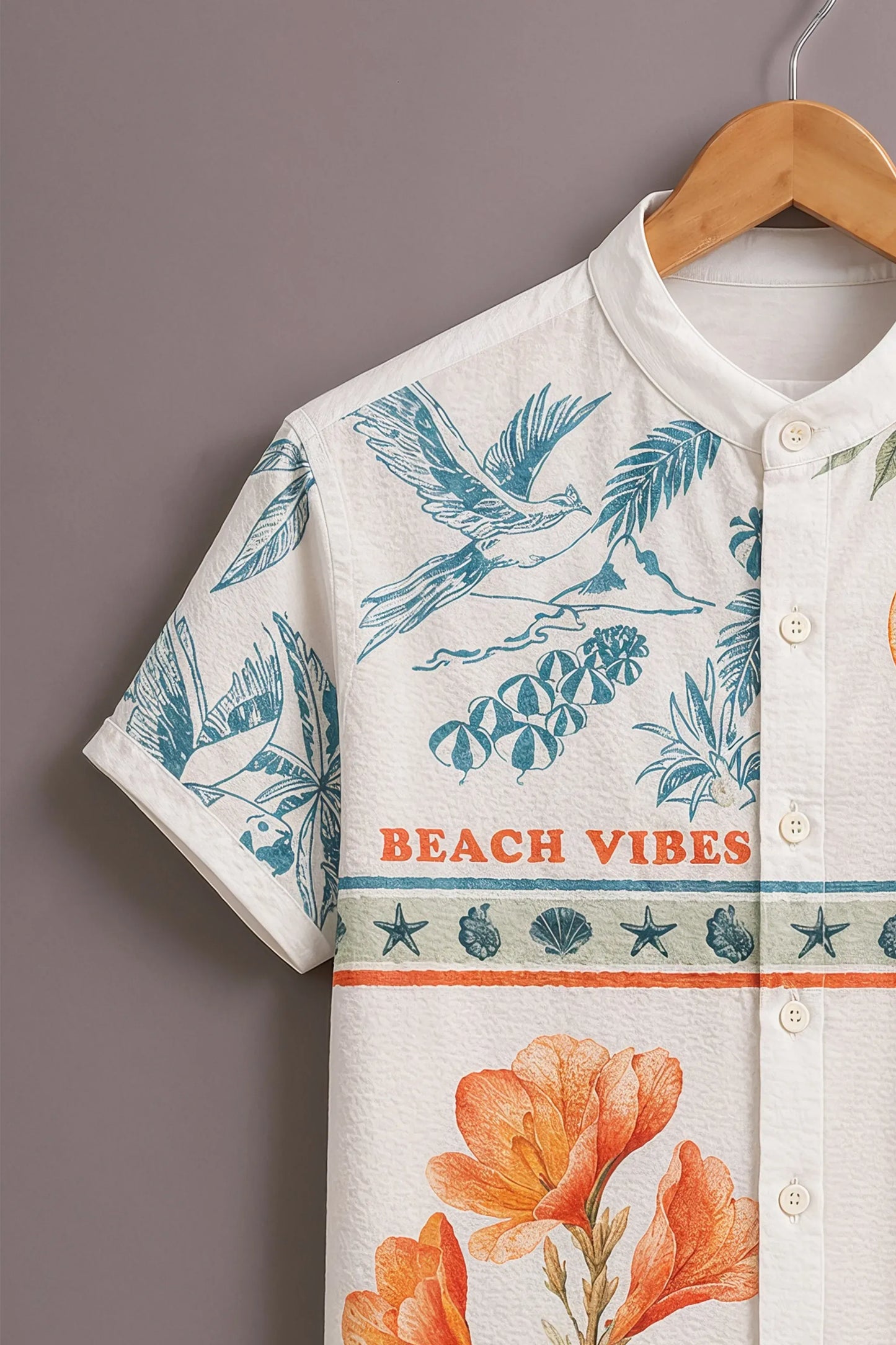 Premium Tropical Beach Vibes Printed Mandarin Collar Shirt