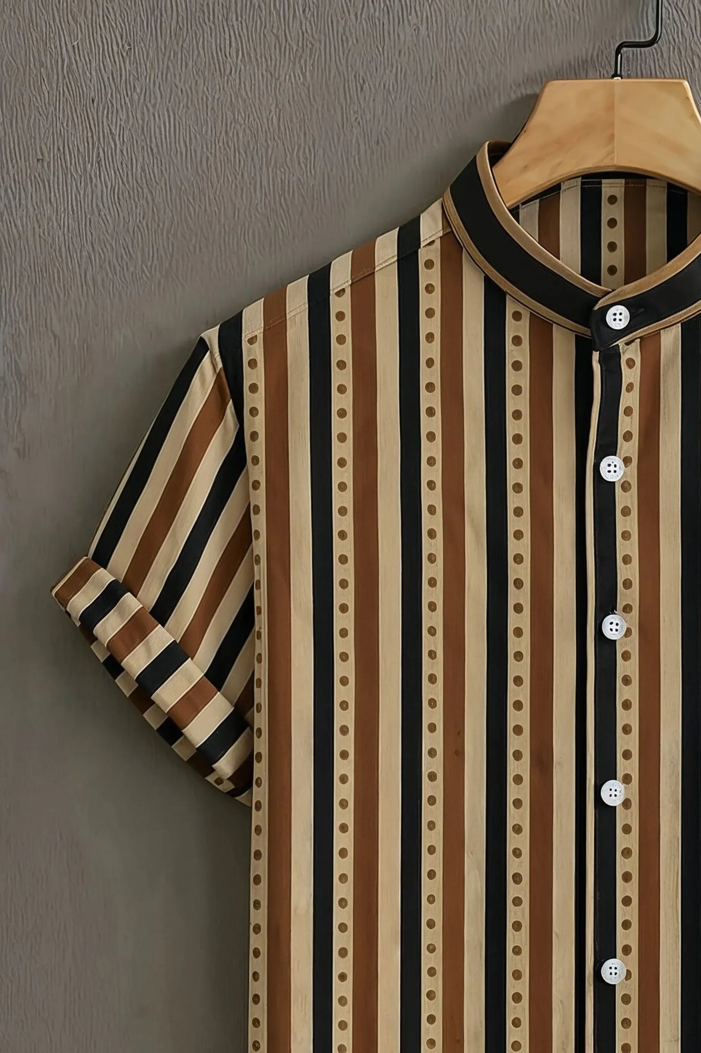 Premium Brown Black Vertical Stripe Mandarin Collar Shirt