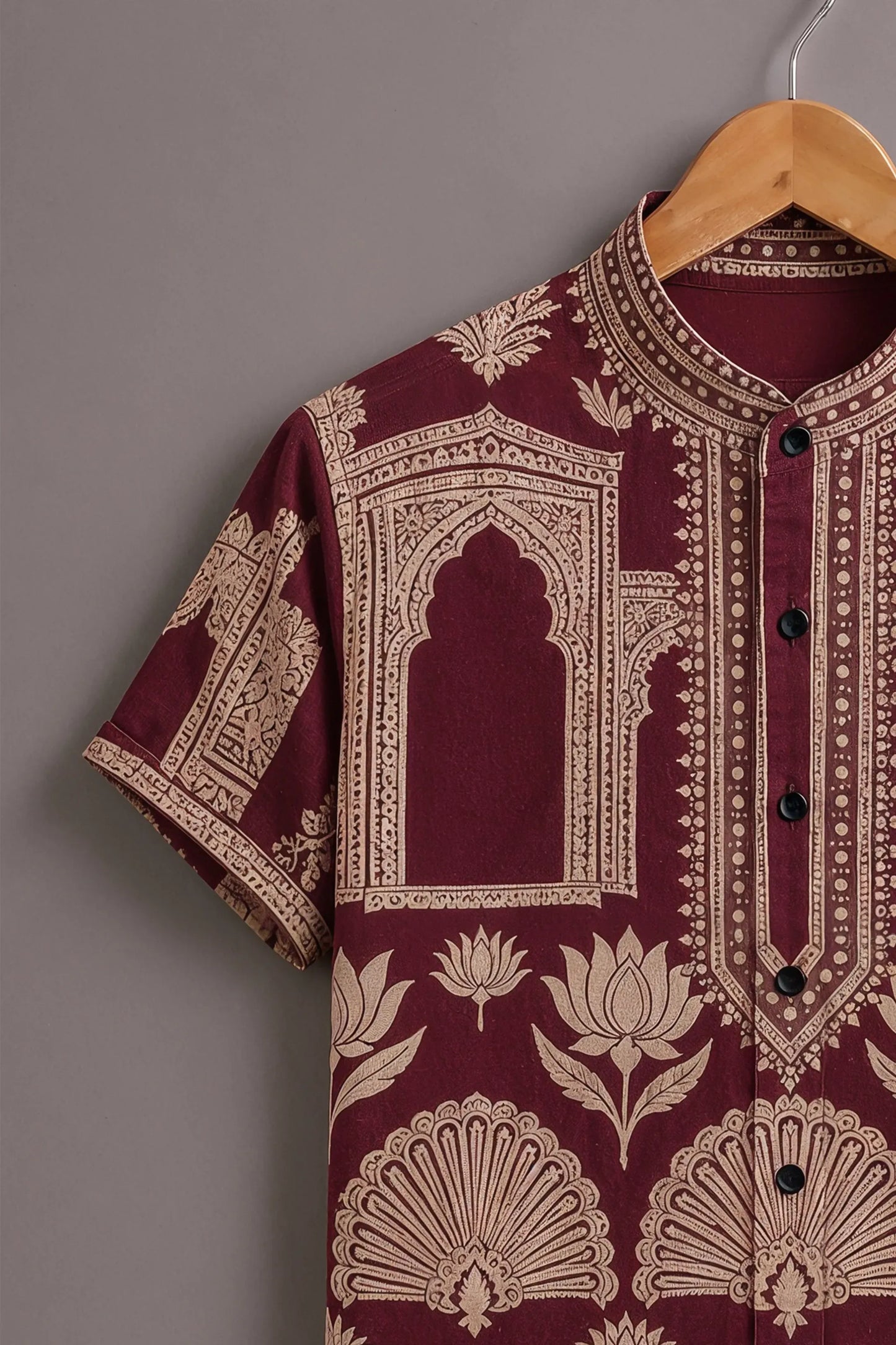 Premium Maroon Heritage Print Mandarin Collar Shirt
