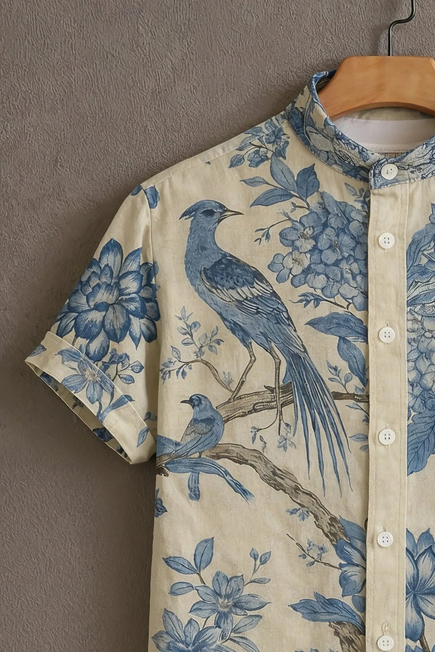 Premium Blue Floral Bird Print Mandarin Collar Shirt