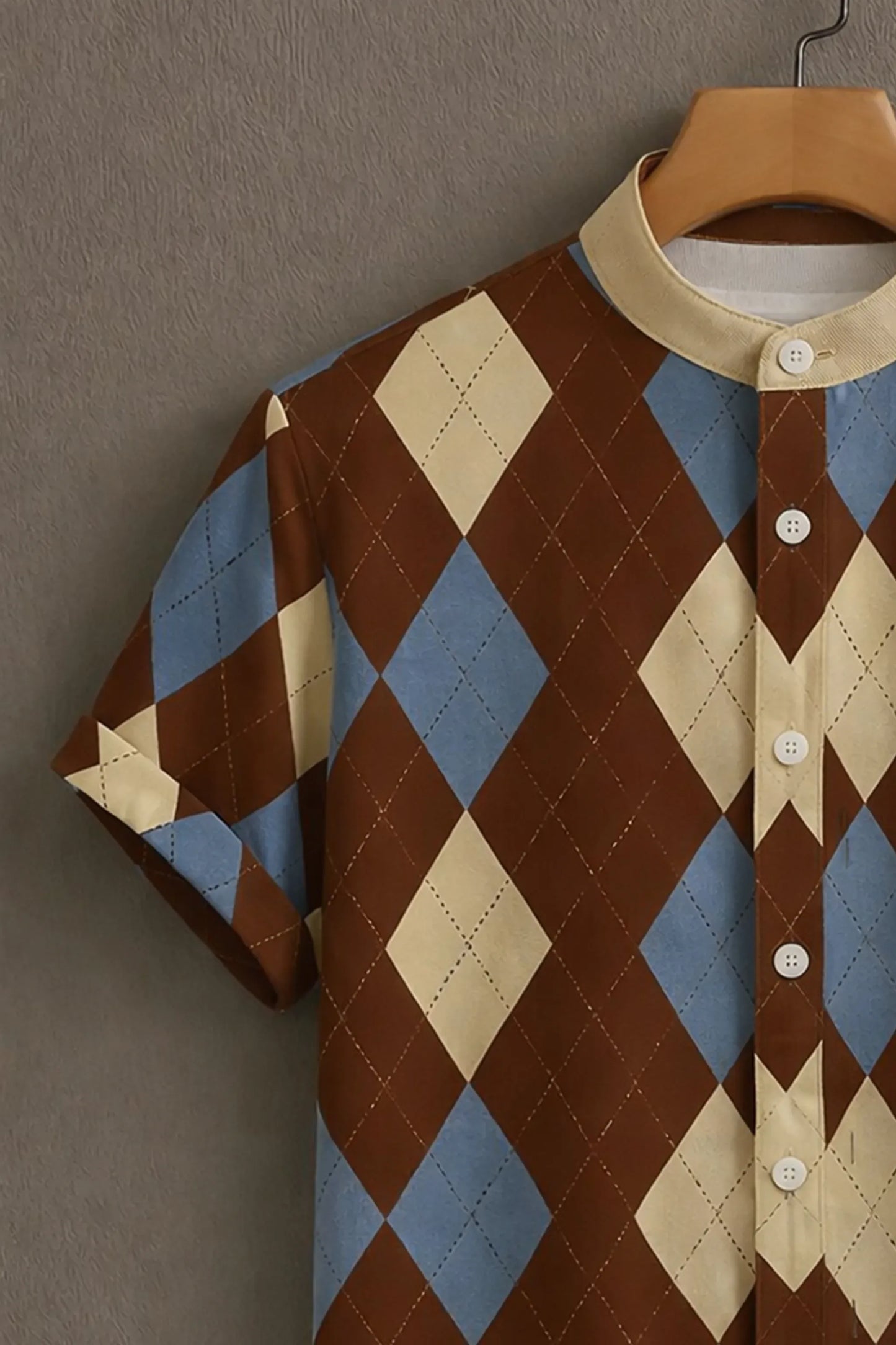 Premium Brown Blue Argyle Pattern Mandarin Collar Shirt