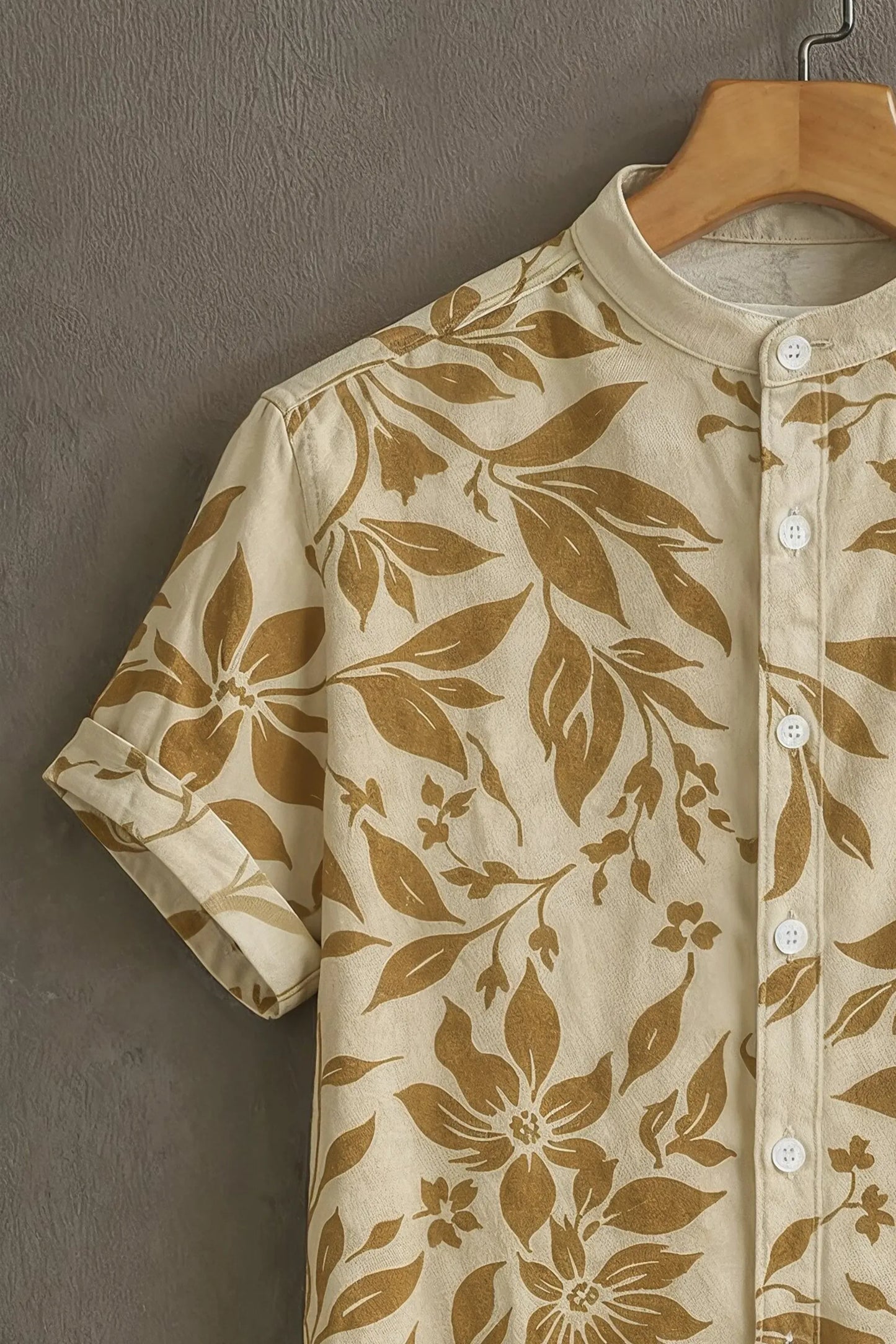 Premium Beige & Brown Floral Print Mandarin Collar Shirt