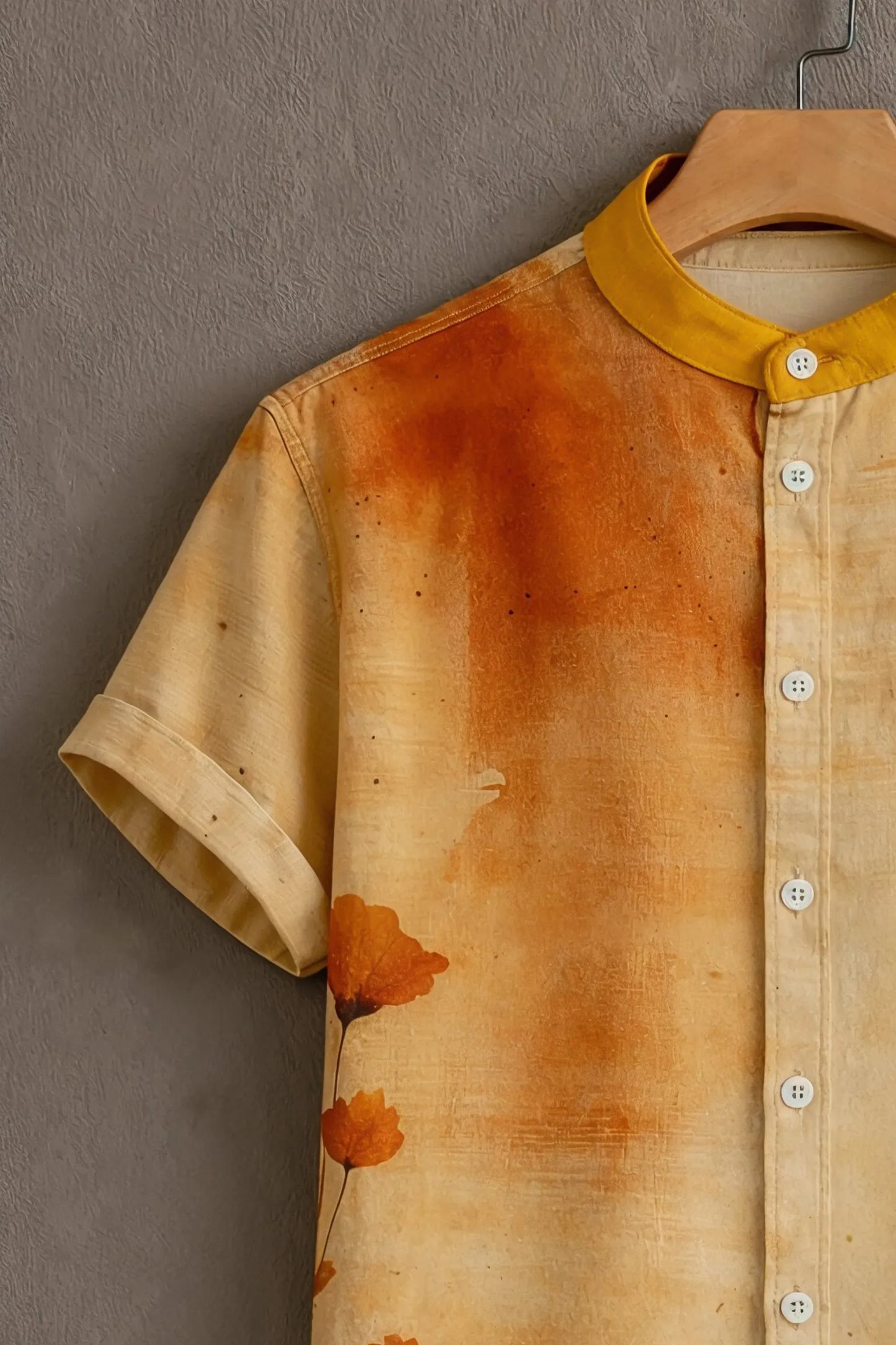 Premium Beige Orange Floral Print Mandarin Collar Shirt