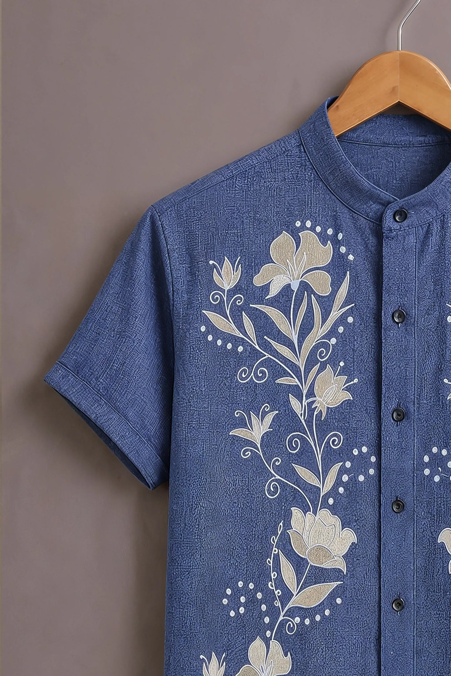 Premium Blue Floral Embroidered Mandarin Collar Shirt