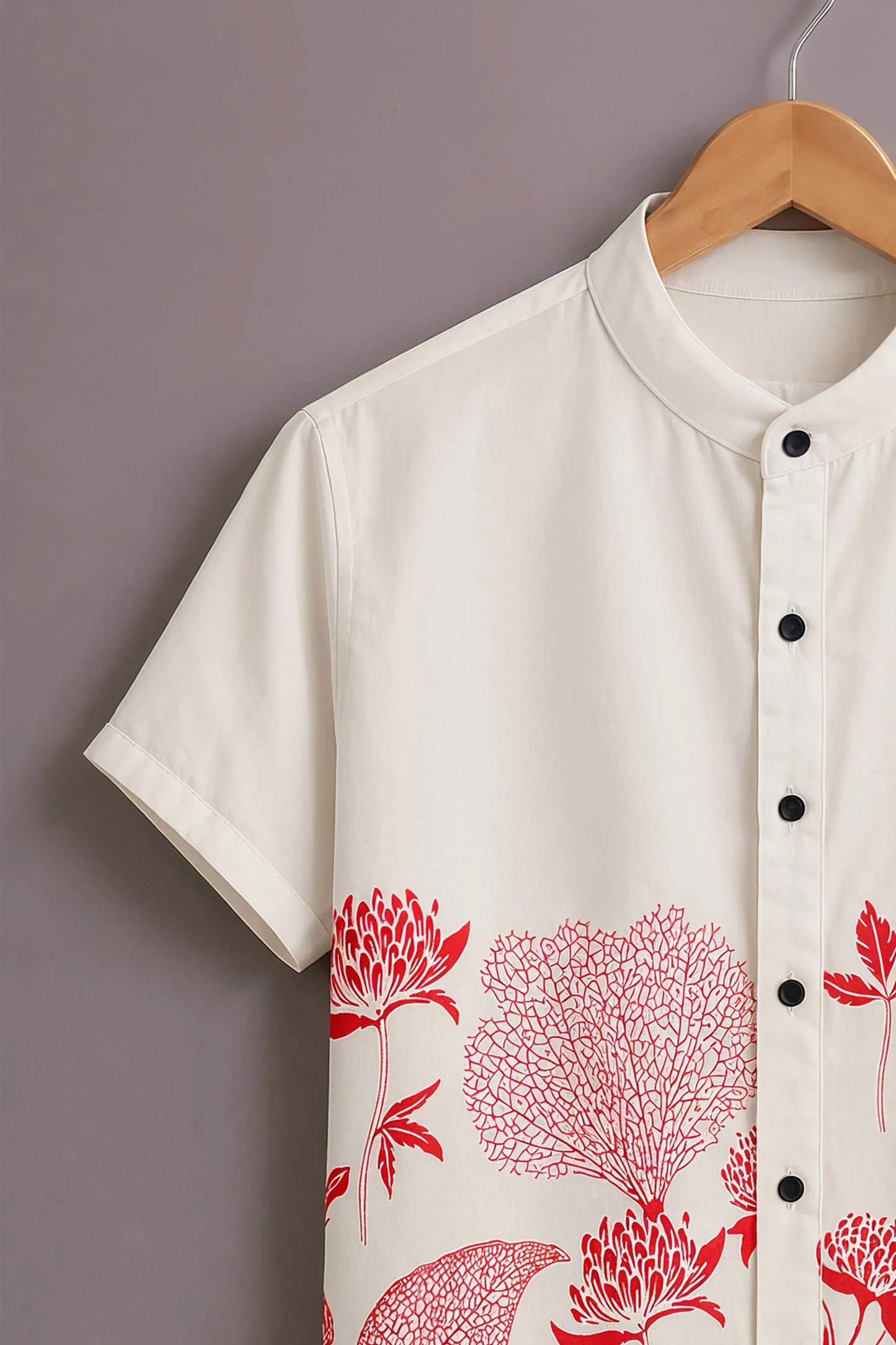 Premium White & Red Floral Mandarin Collar Shirt
