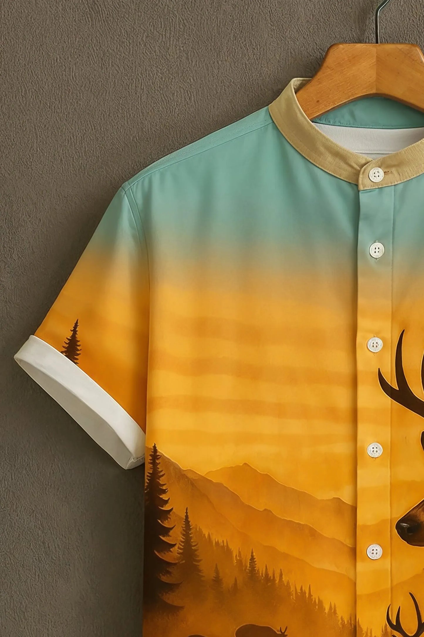 Premium Sunset Deer Forest Print Mandarin Collar Shirt
