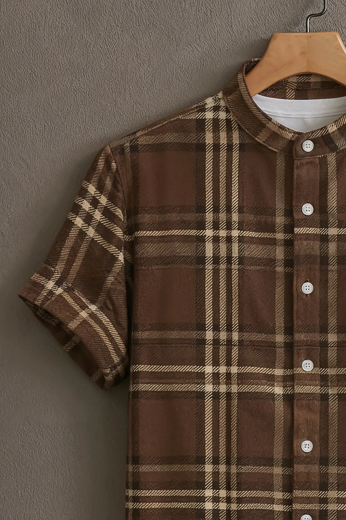 Premium Brown Beige Plaid Check Mandarin Collar Shirt