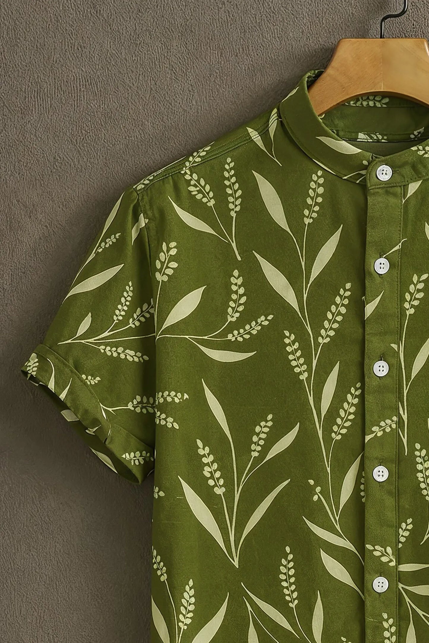 Premium Olive Green Botanical Leaf Print Mandarin Collar Shirt