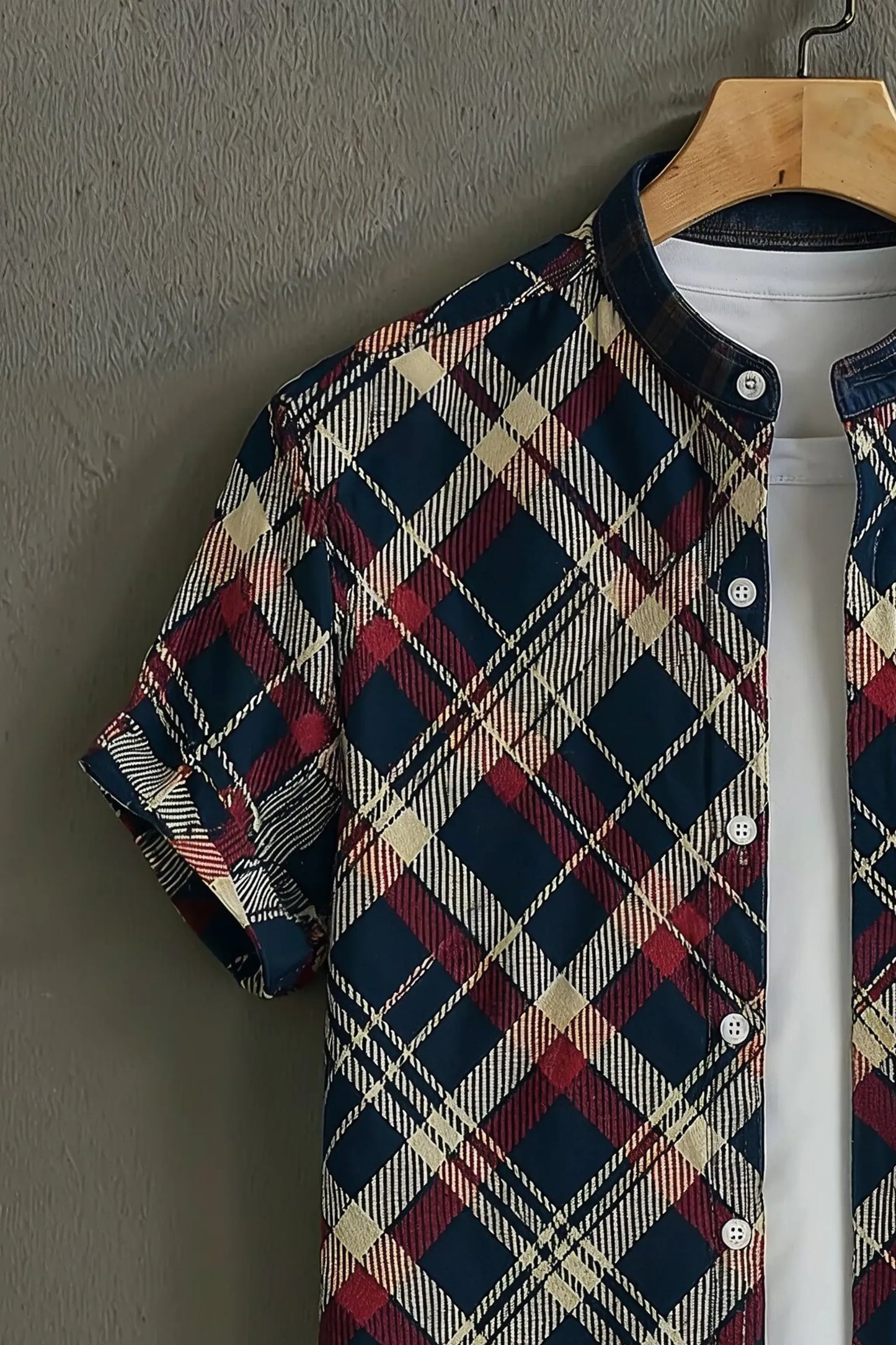 Premium Navy Burgundy Argyle Print Mandarin Collar Shirt