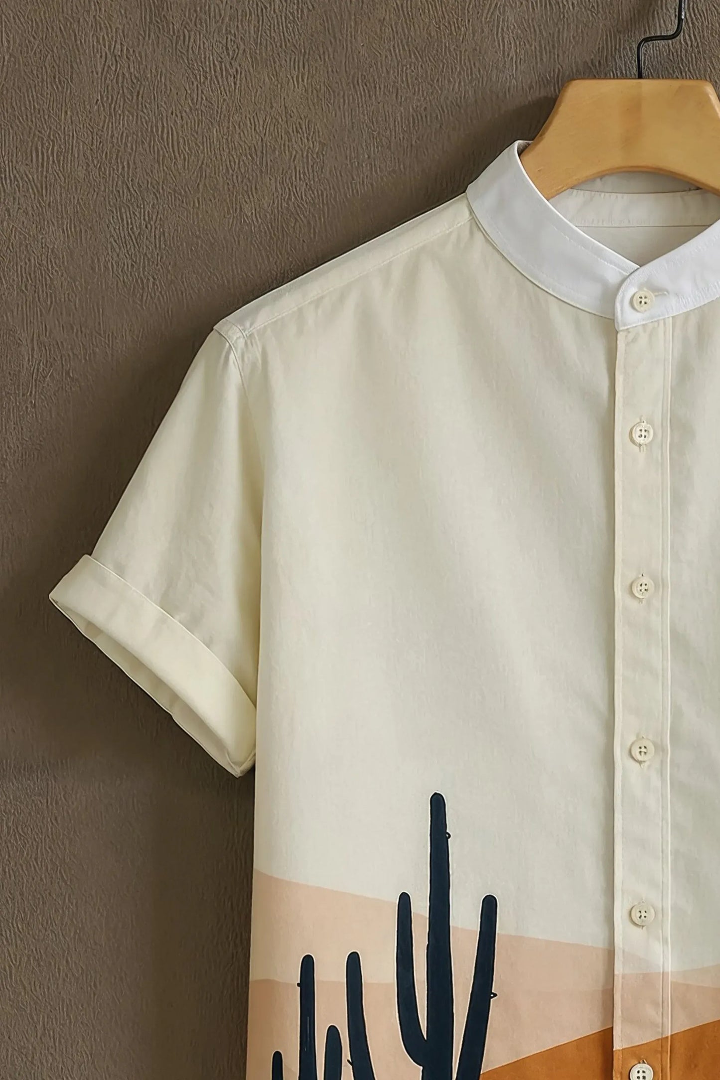 Premium Desert Cactus Sunset Graphic Mandarin Collar Shirt