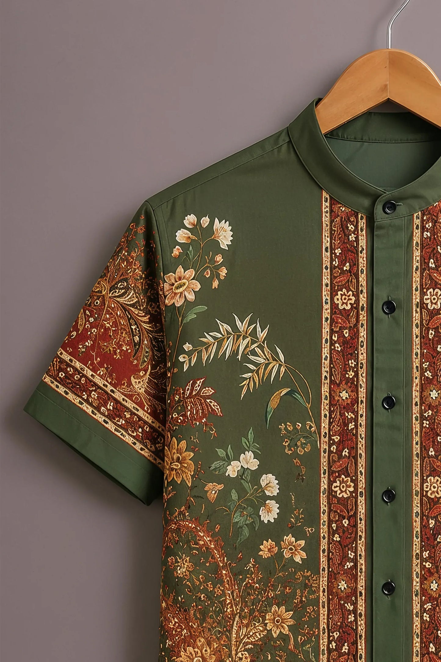 Premium Olive Green Floral Paisley Mandarin Collar Shirt