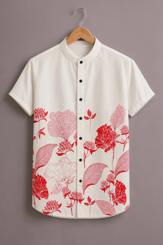 Premium White & Red Floral Mandarin Collar Shirt