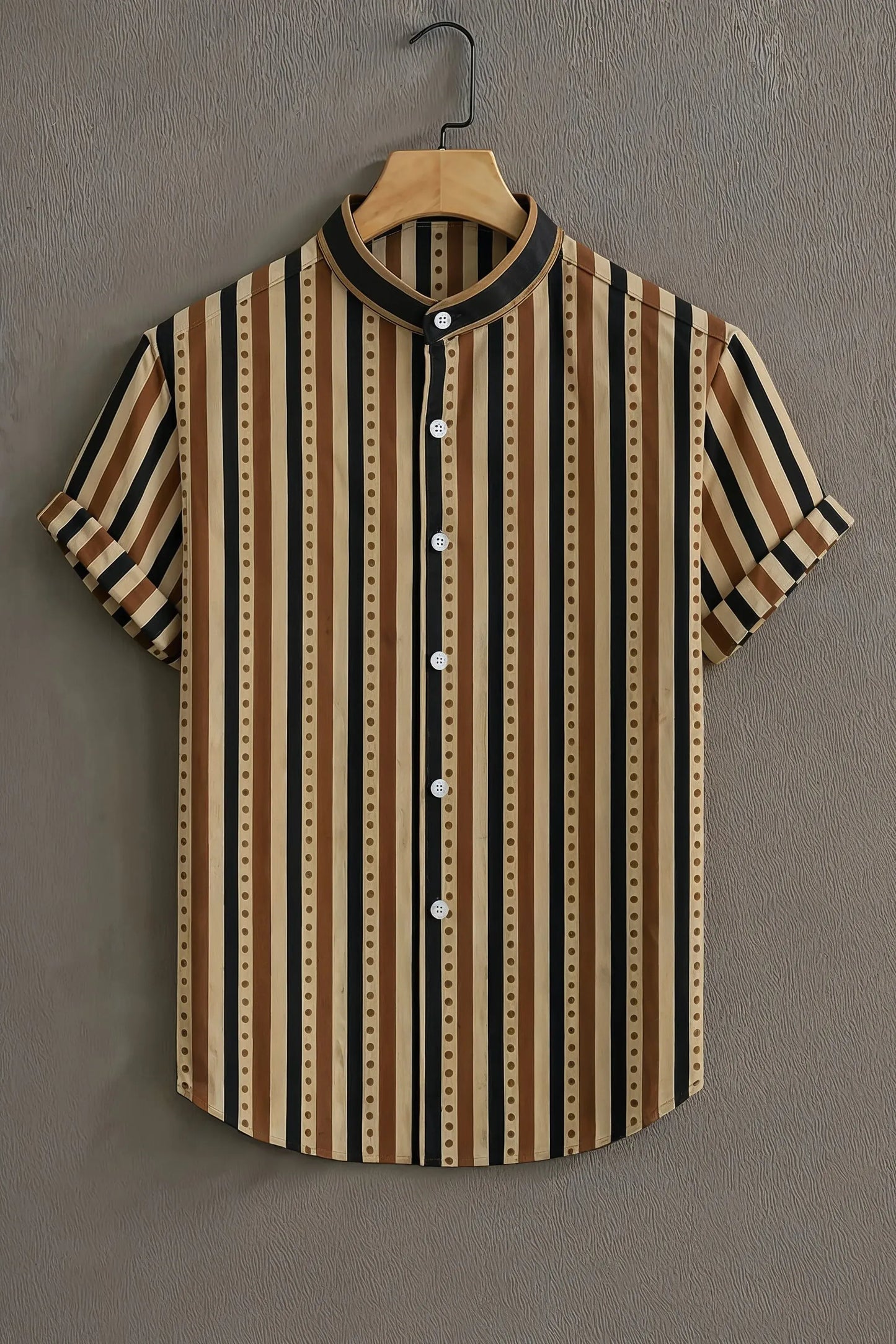 Premium Brown Black Vertical Stripe Mandarin Collar Shirt