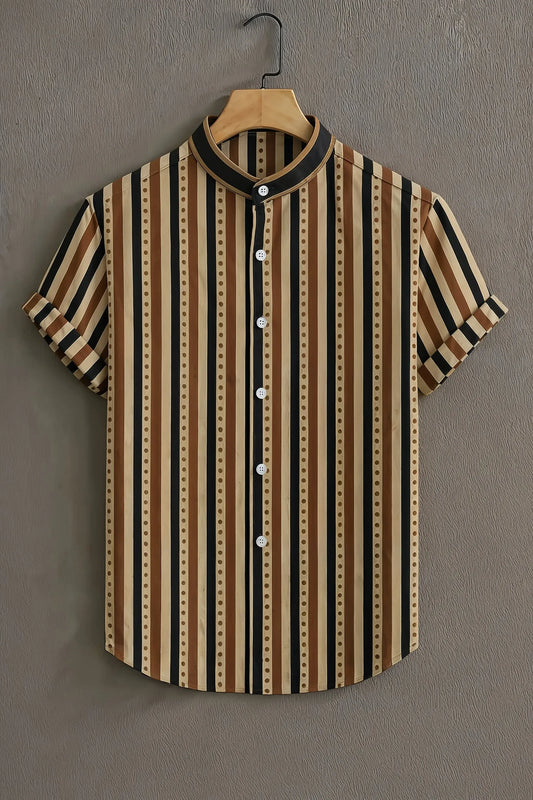 Premium Brown Black Vertical Stripe Mandarin Collar Shirt
