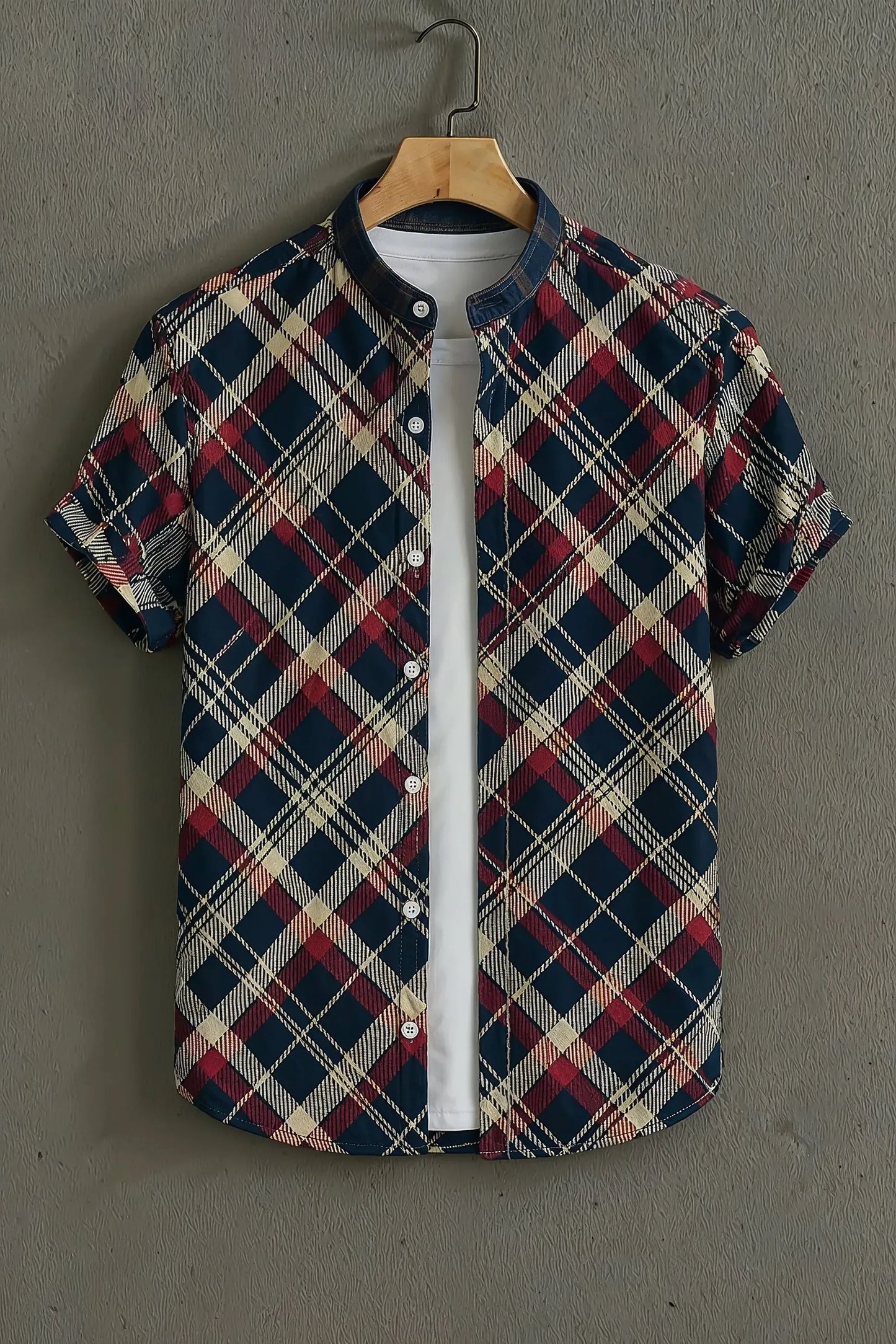 Premium Navy Burgundy Argyle Print Mandarin Collar Shirt