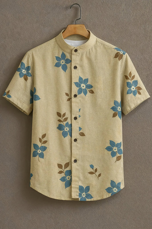Premium Beige Blue Floral Print Mandarin Collar Shirt