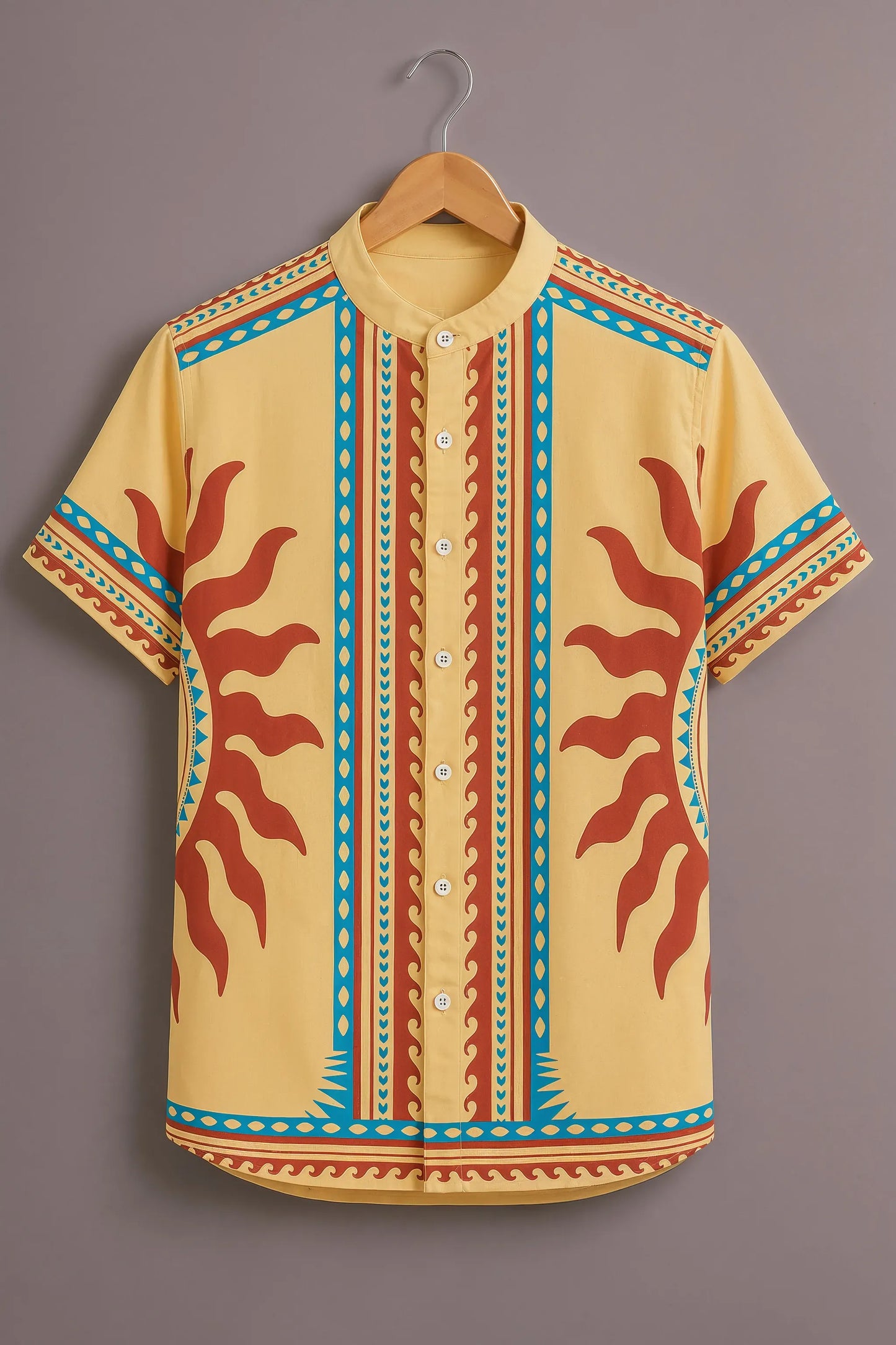 Premium Yellow Ethnic Print Mandarin Collar Shirt